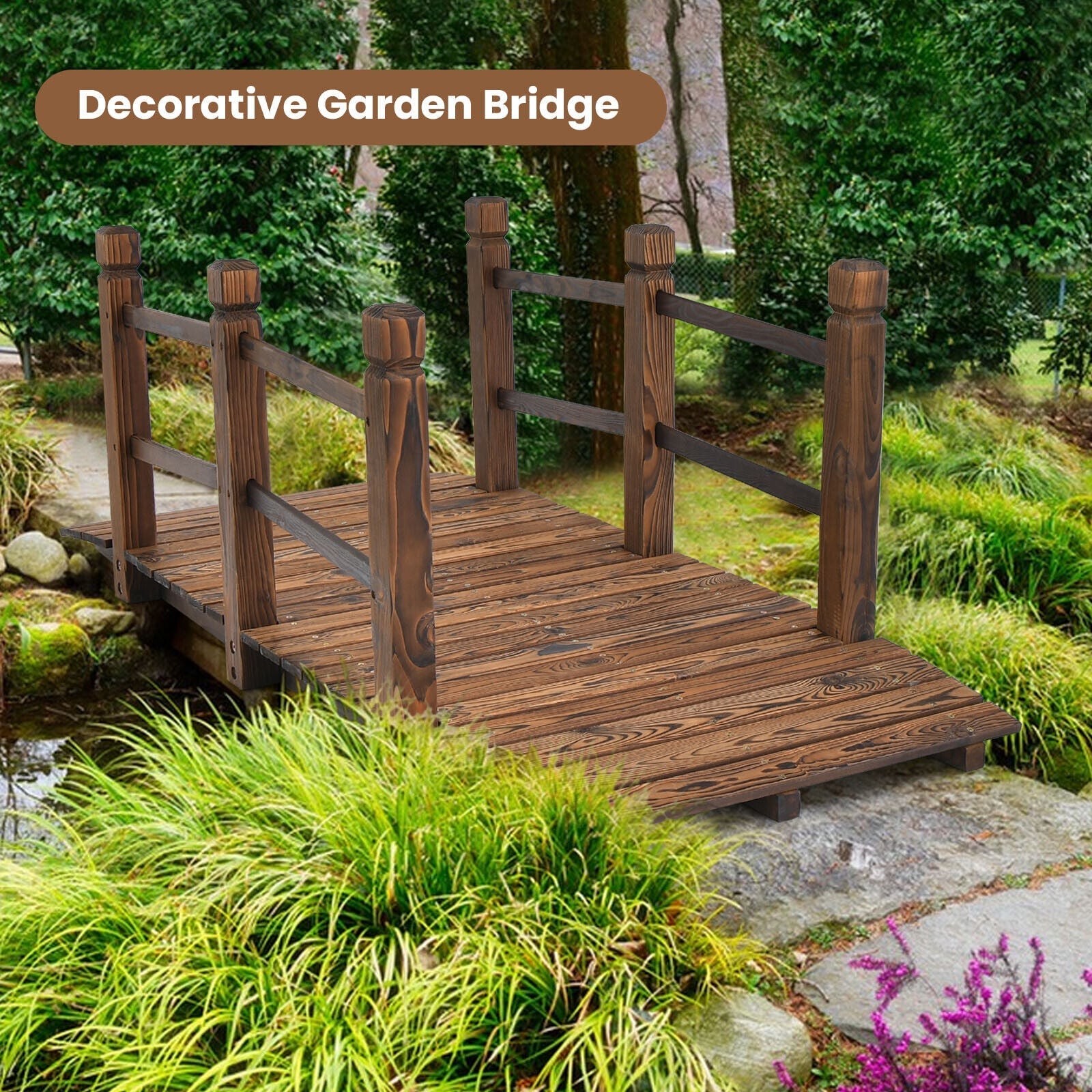 5 Feet Wooden Garden Bridge with Safety Rails - Cheeky Garden