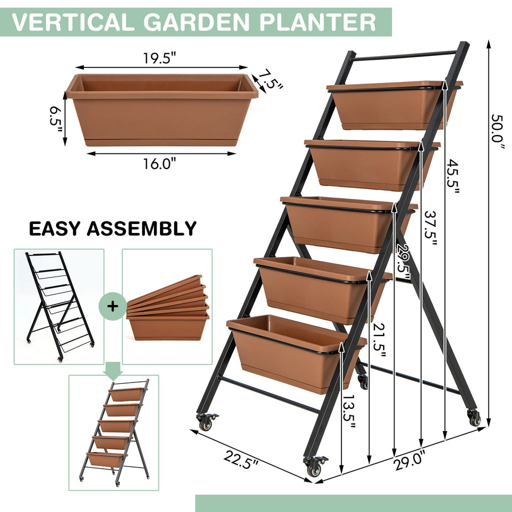 5-Tier Vertical Raised Garden Bed with Wheels and Container Boxes-Brown - Cheeky Garden