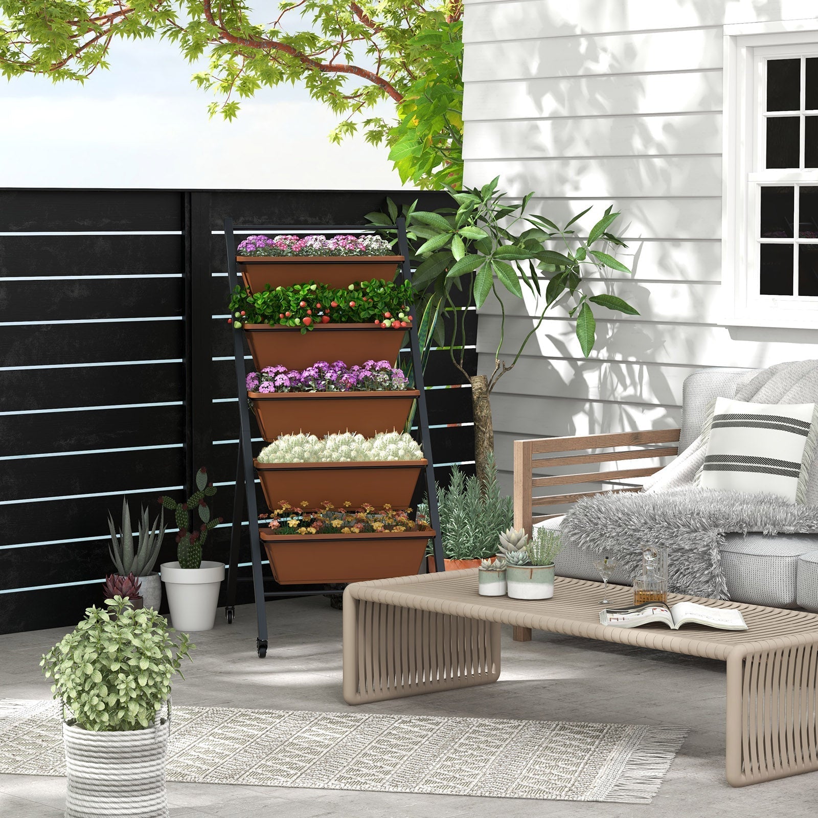 5-Tier Vertical Raised Garden Bed with Wheels and Container Boxes-Brown - Cheeky Garden
