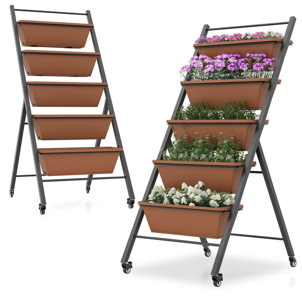 5-Tier Vertical Raised Garden Bed with Wheels and Container Boxes-Brown - Cheeky Garden