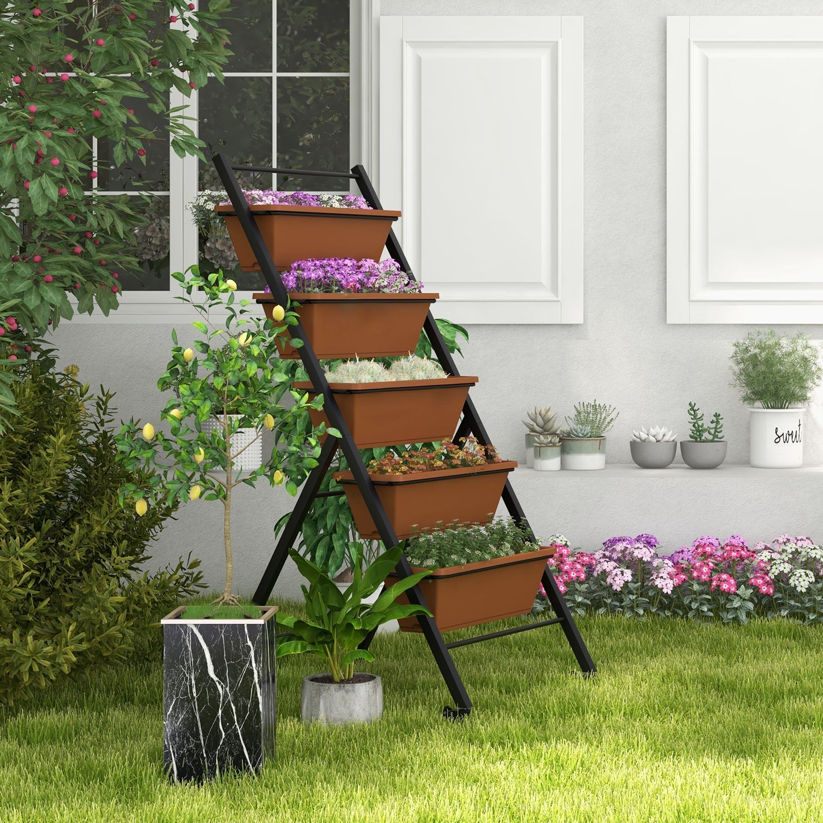 5-Tier Vertical Raised Garden Bed with Wheels and Container Boxes-Brown - Cheeky Garden