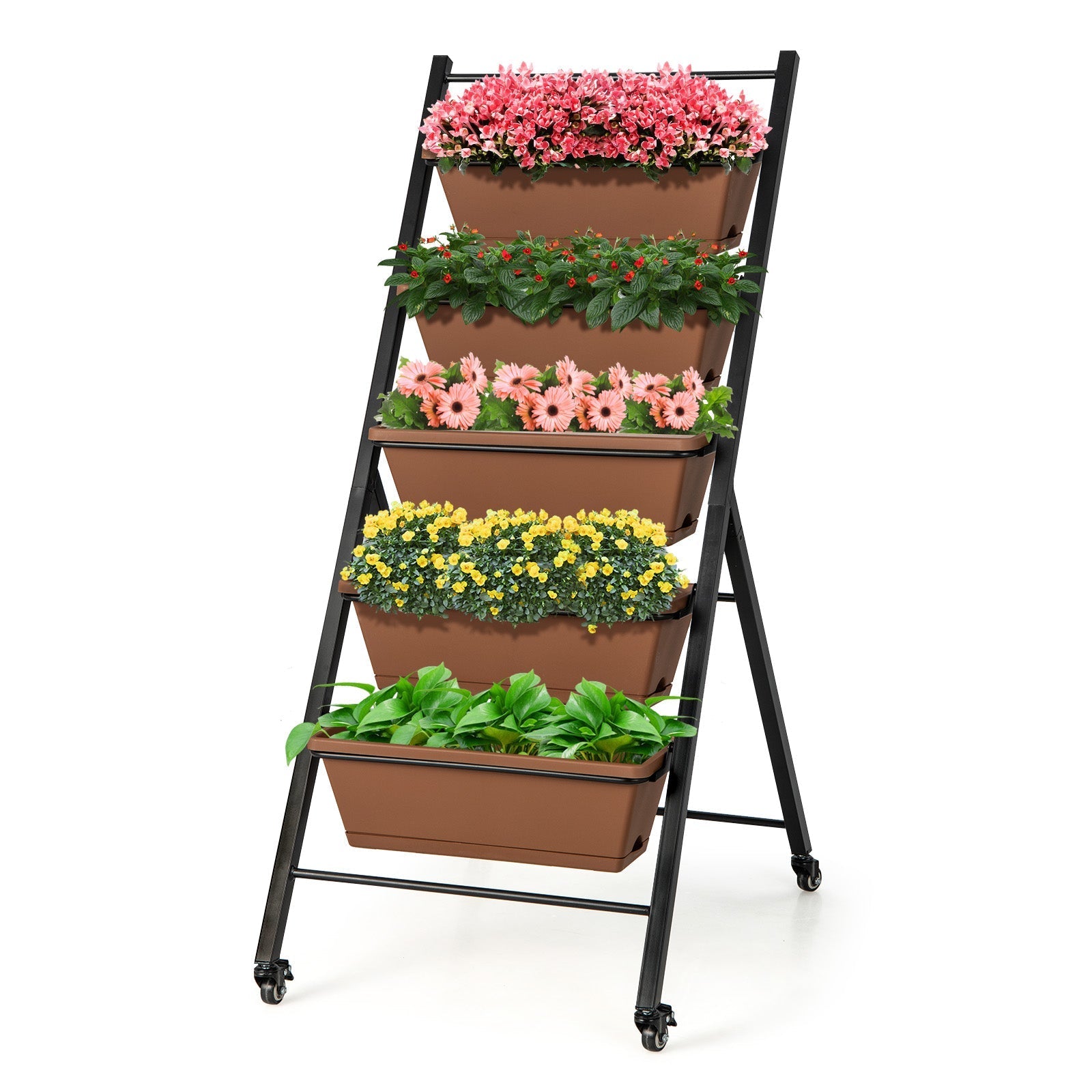 5-Tier Vertical Raised Garden Bed with Wheels and Container Boxes-Brown - Cheeky Garden