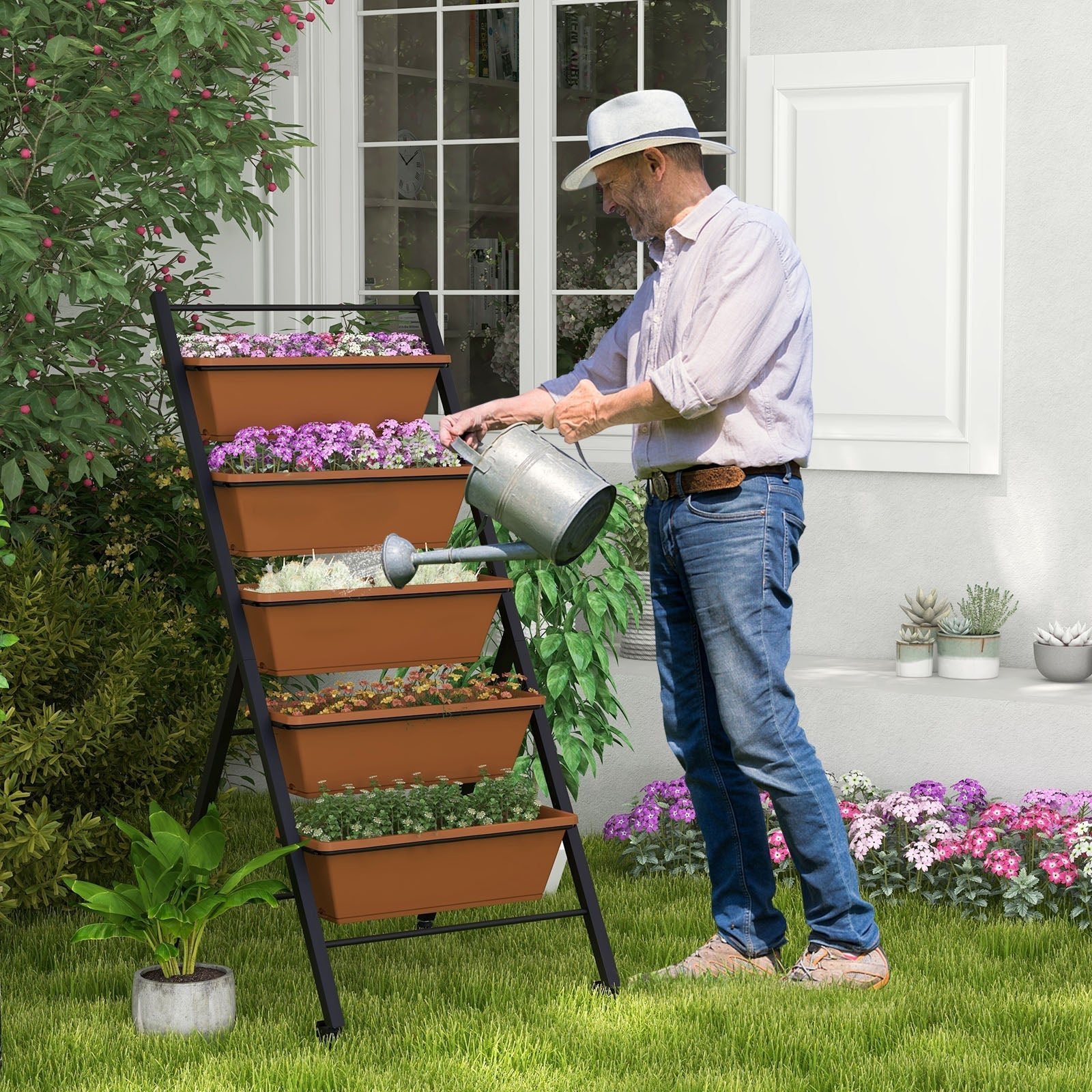 5-Tier Vertical Raised Garden Bed with Wheels and Container Boxes-Brown - Cheeky Garden