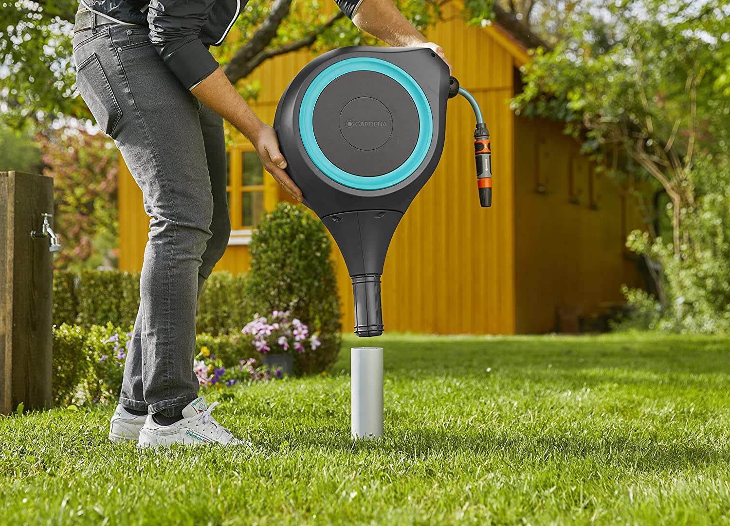 50 ft. Hose Reel on Metal Spike – Portable Ground Stake - Cheeky Garden