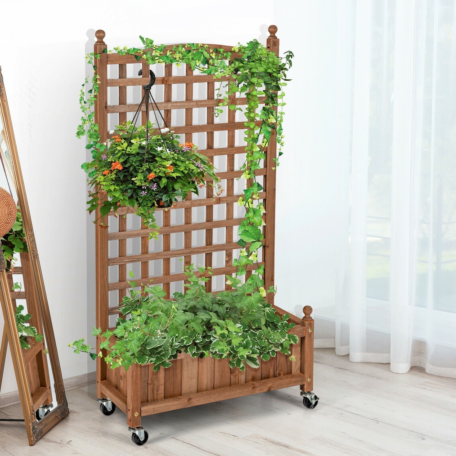 50 Inch Wood Planter Box with Trellis Mobile Raised Bed for Climbing Plant - Cheeky Garden
