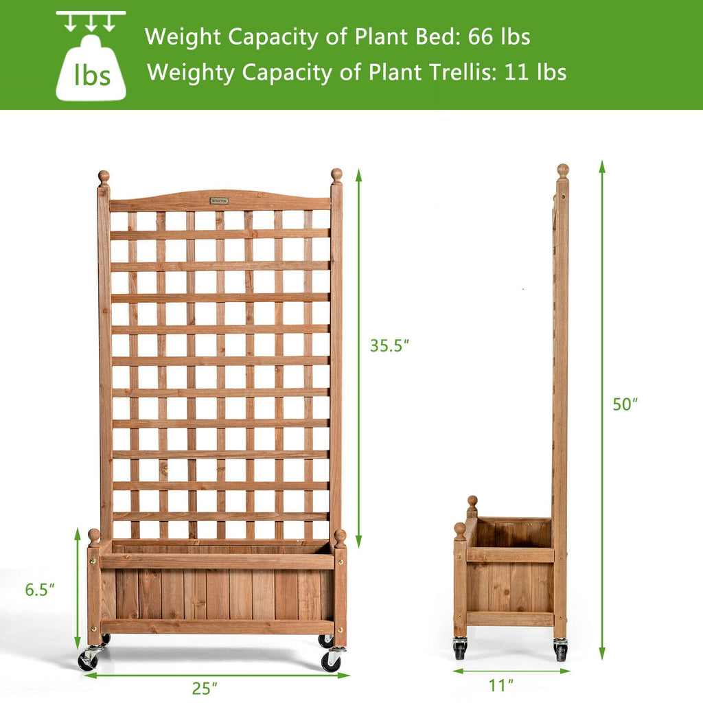 50 Inch Wood Planter Box with Trellis Mobile Raised Bed for Climbing Plant - Cheeky Garden