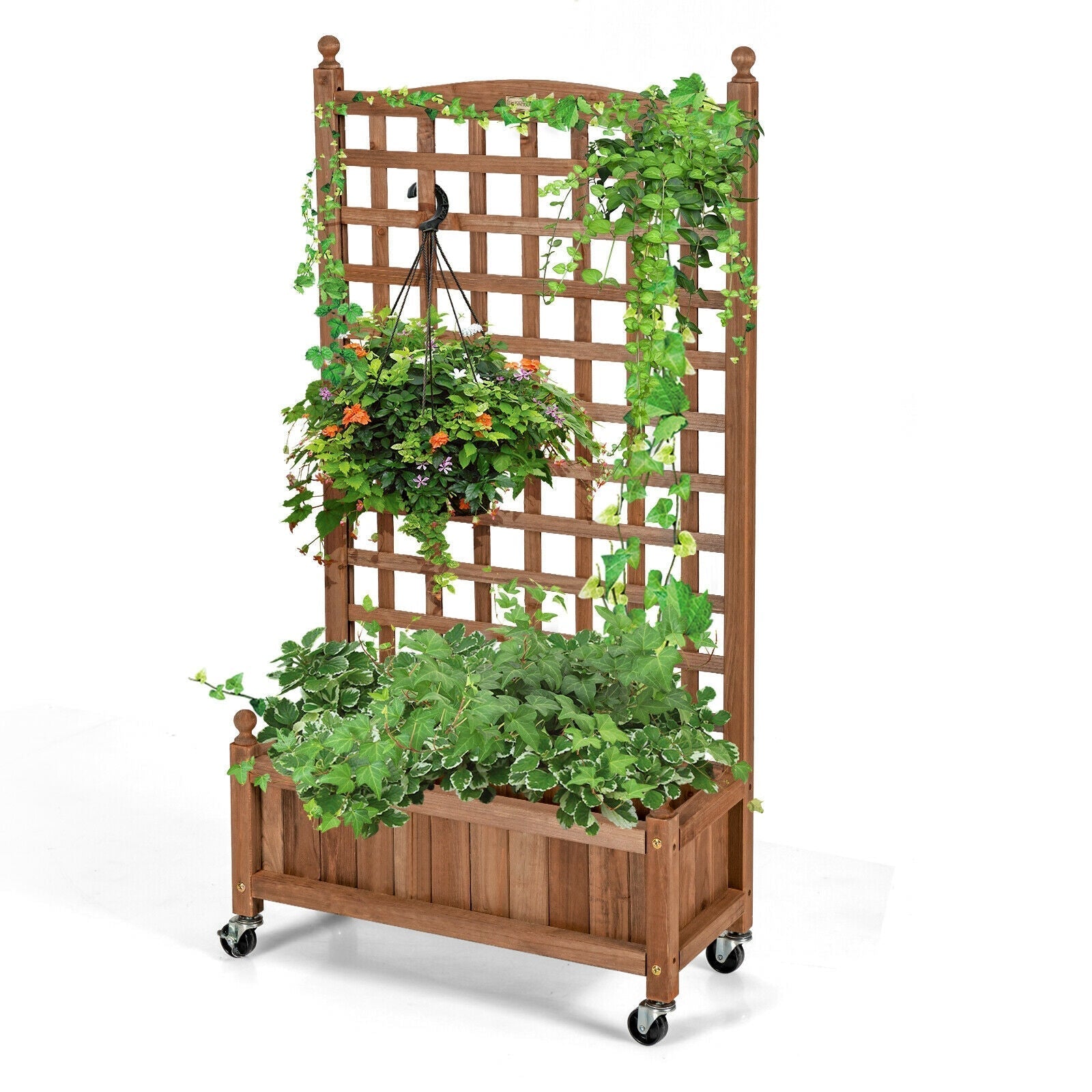 50 Inch Wood Planter Box with Trellis Mobile Raised Bed for Climbing Plant - Cheeky Garden