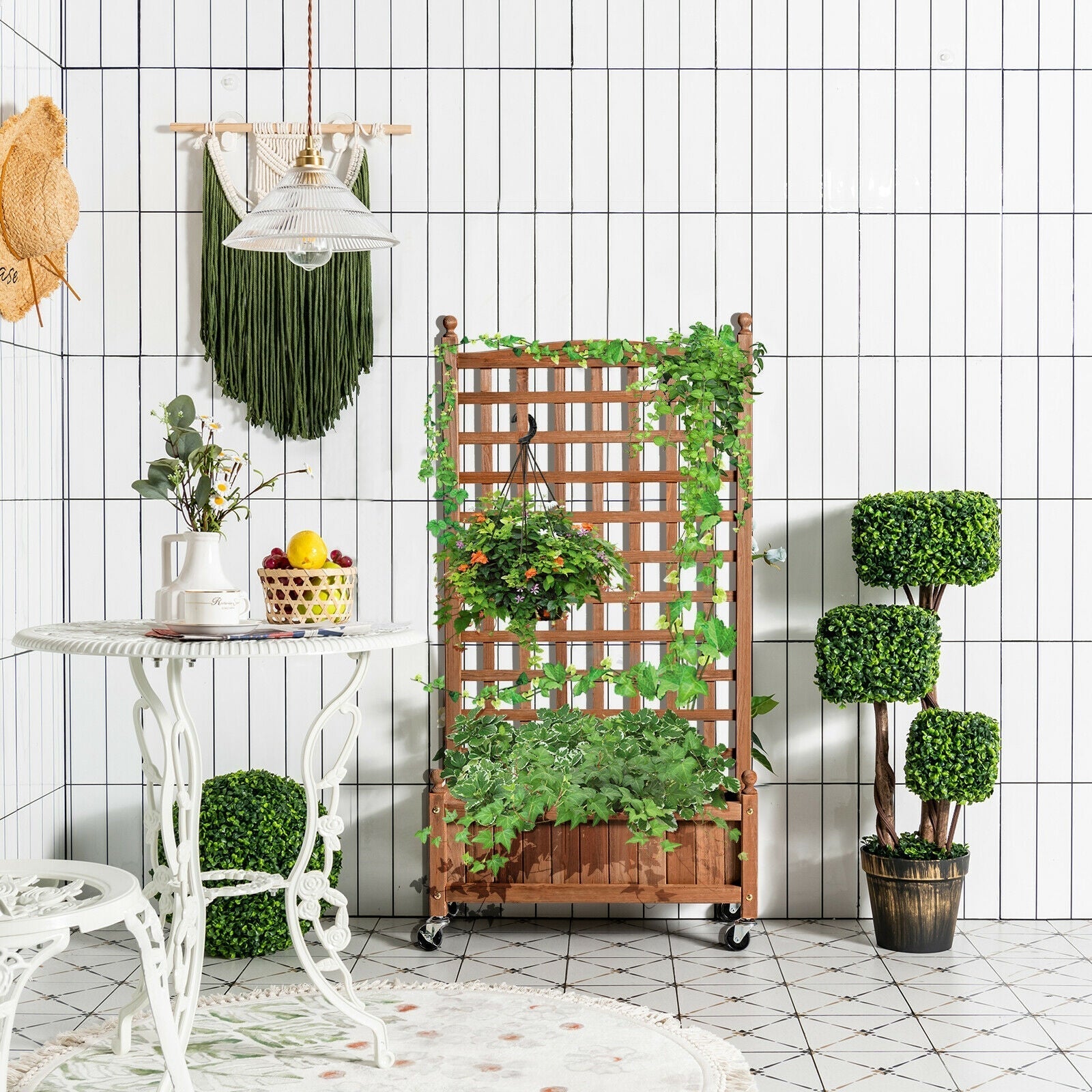 50 Inch Wood Planter Box with Trellis Mobile Raised Bed for Climbing Plant - Cheeky Garden
