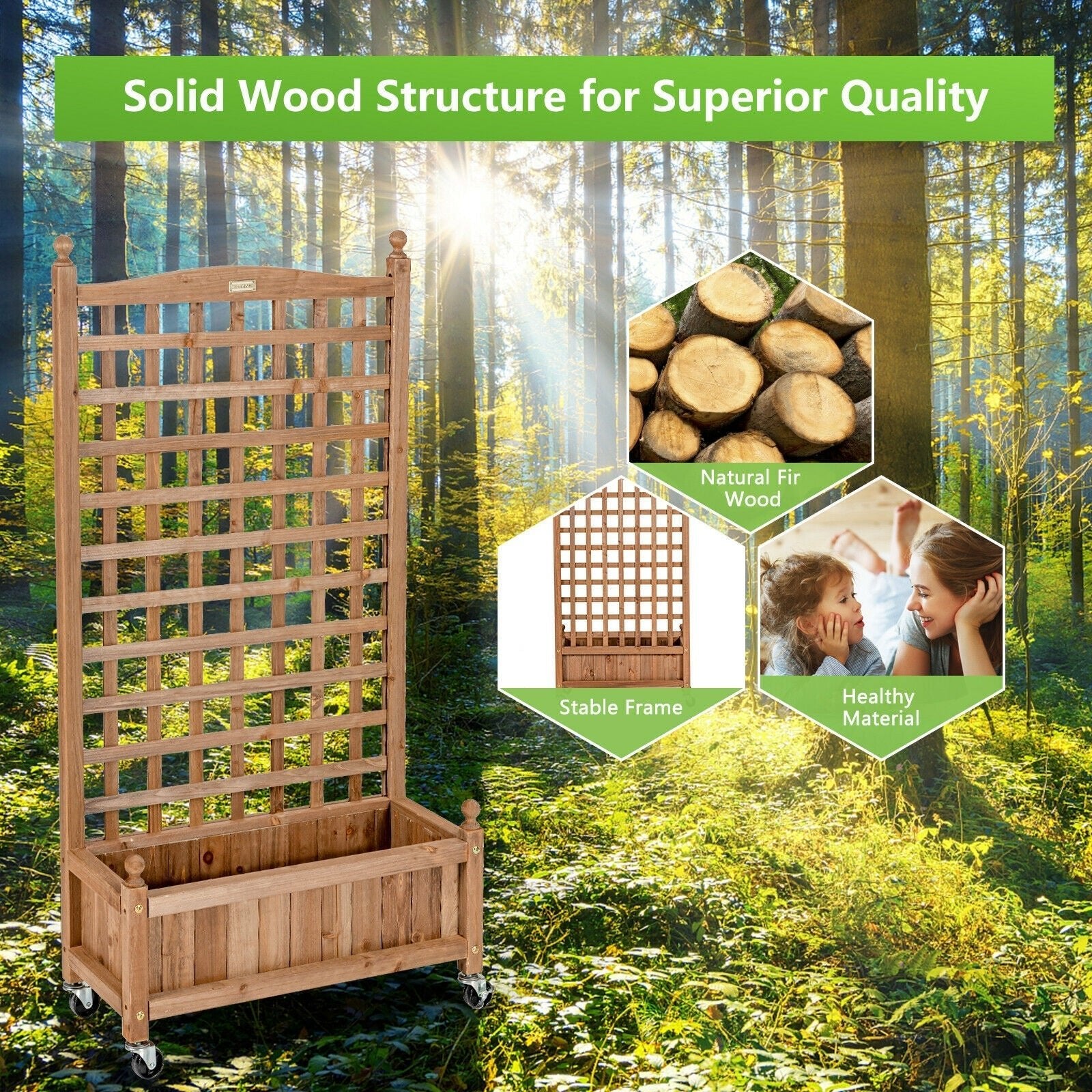 50 Inch Wood Planter Box with Trellis Mobile Raised Bed for Climbing Plant - Cheeky Garden