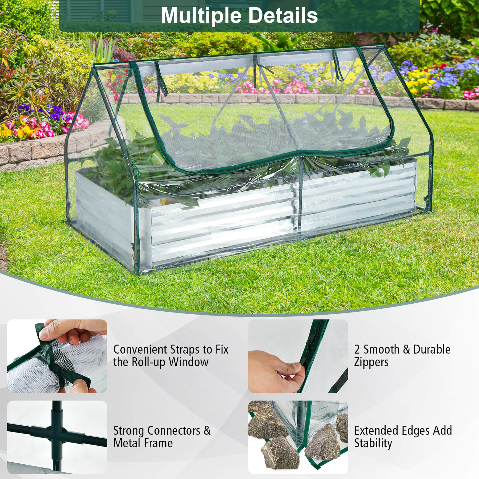 6 x 3 x 3 Feet Galvanized Raised Garden Bed with Greenhouse - Cheeky Garden