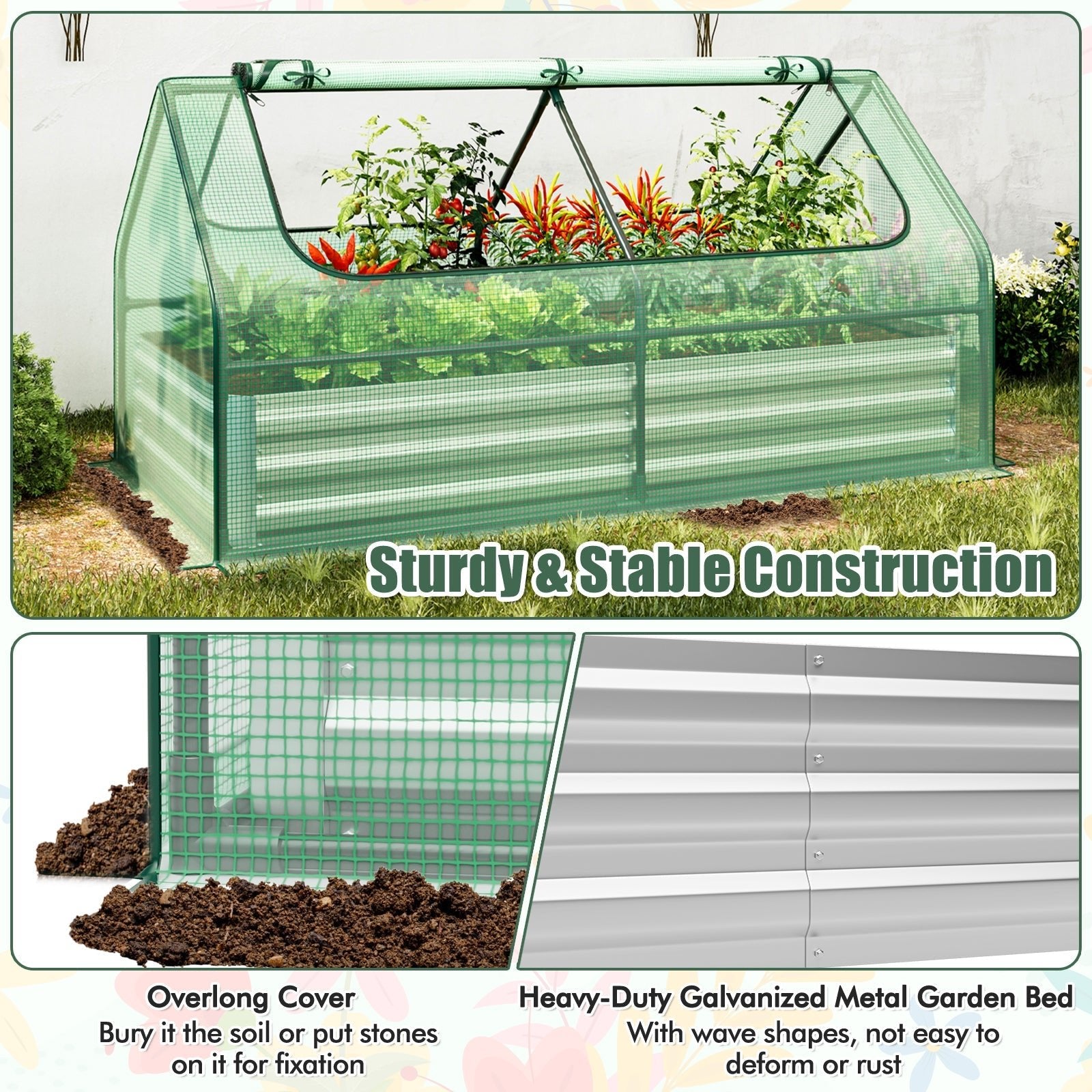 6 x 3 x 3 Feet Galvanized Raised Garden Bed with Greenhouse - Cheeky Garden