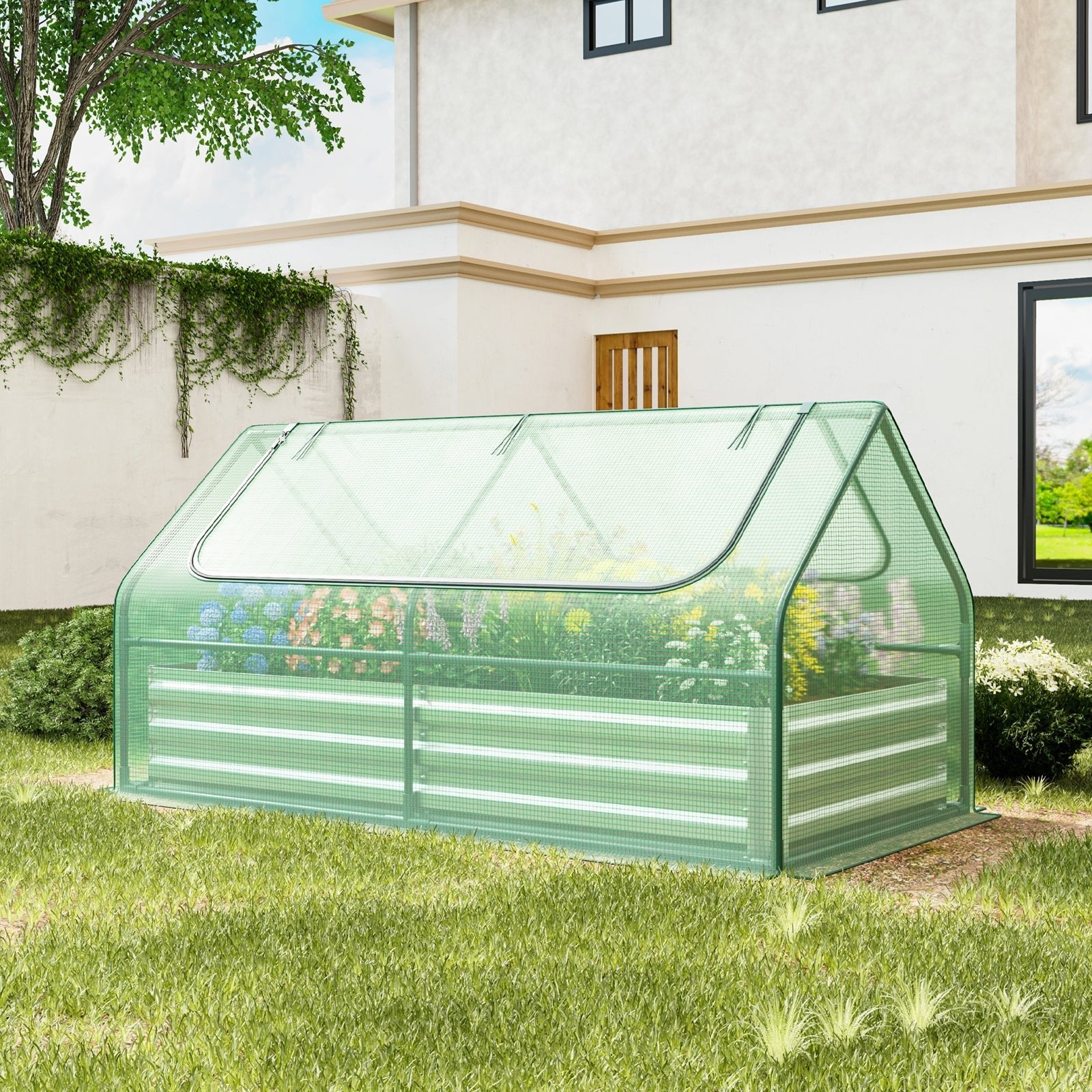 6 x 3 x 3 Feet Galvanized Raised Garden Bed with Greenhouse - Cheeky Garden