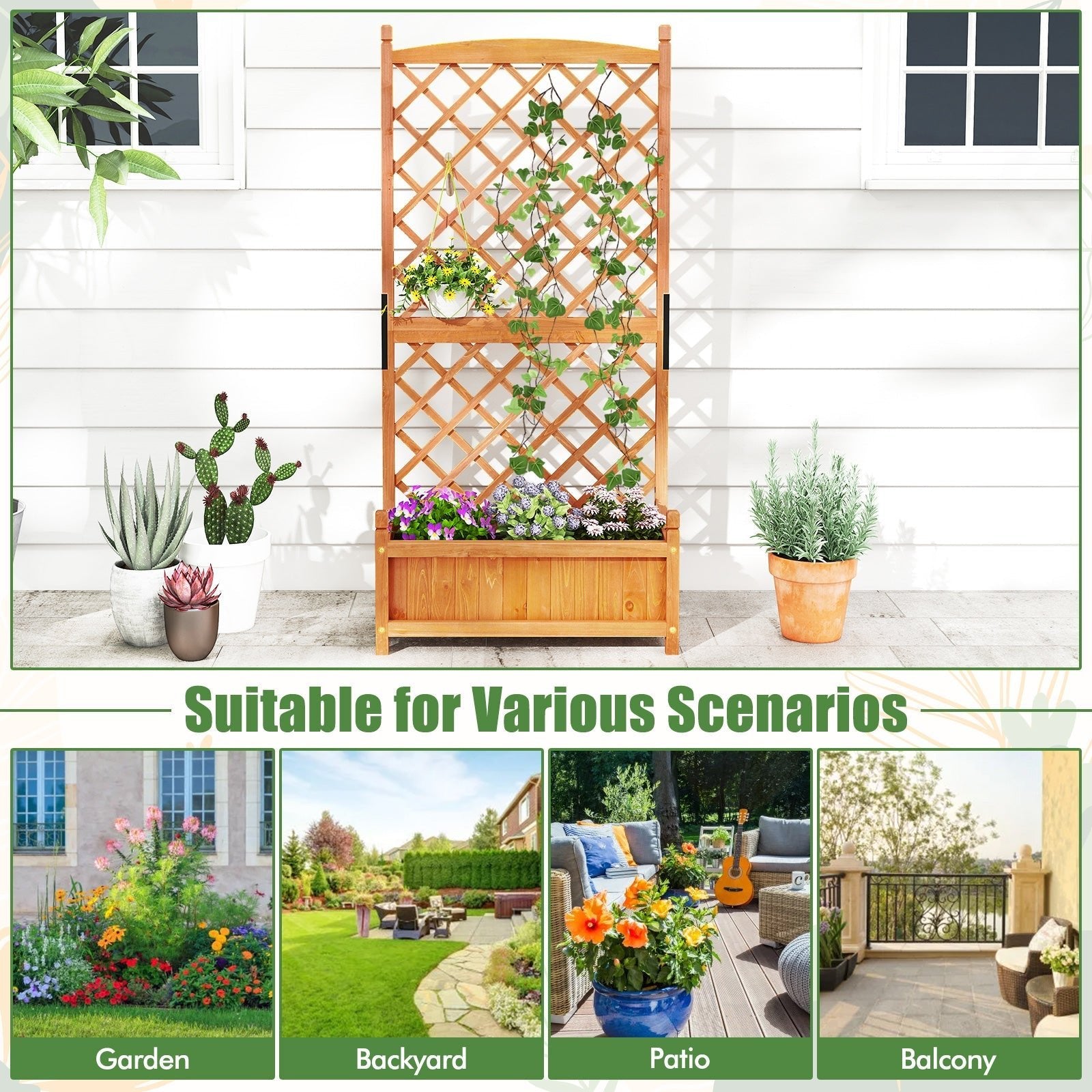 60 Inch Tall Raised Garden Bed with Diamond Lattice Trellis and Drainage Holes - Cheeky Garden