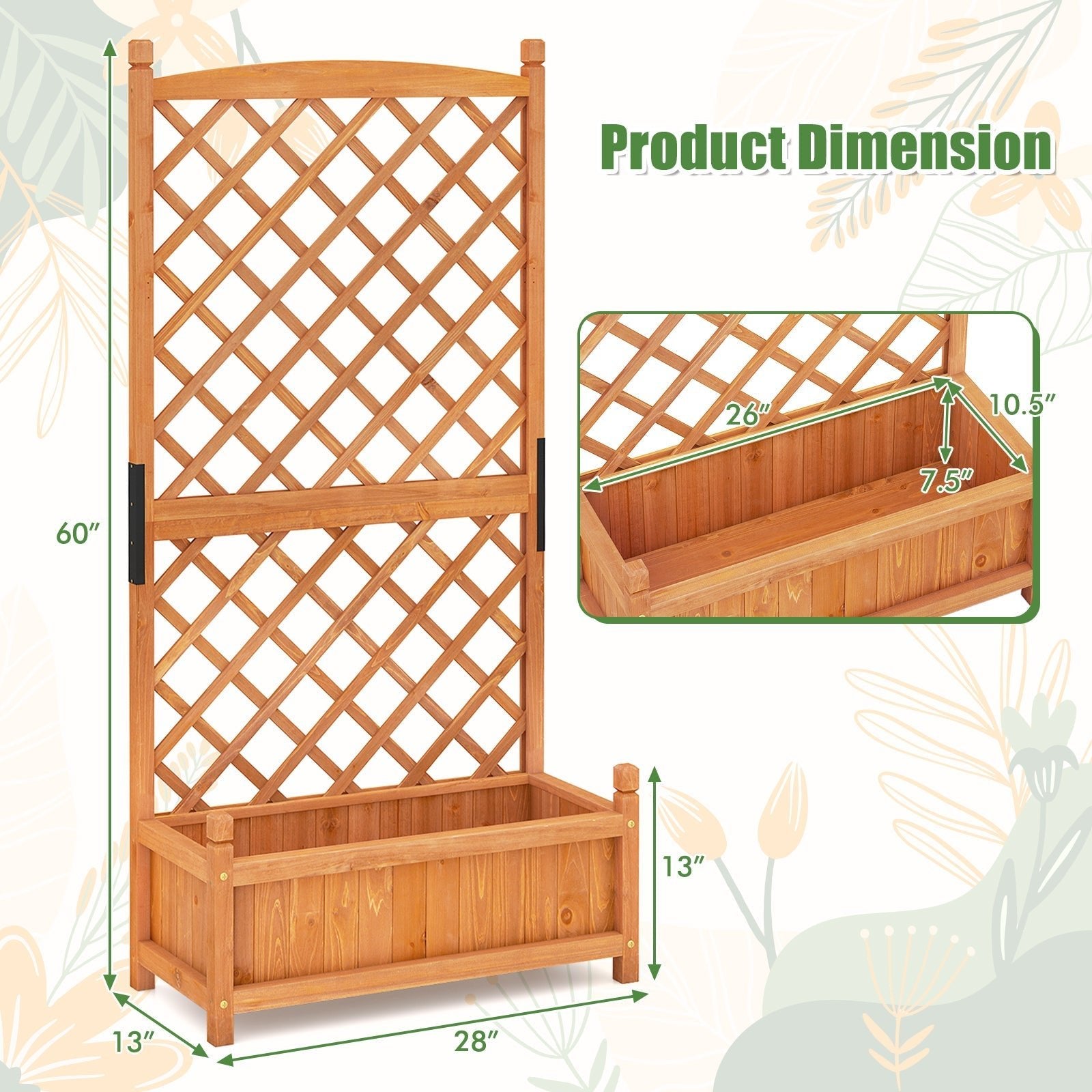 60 Inch Tall Raised Garden Bed with Diamond Lattice Trellis and Drainage Holes - Cheeky Garden