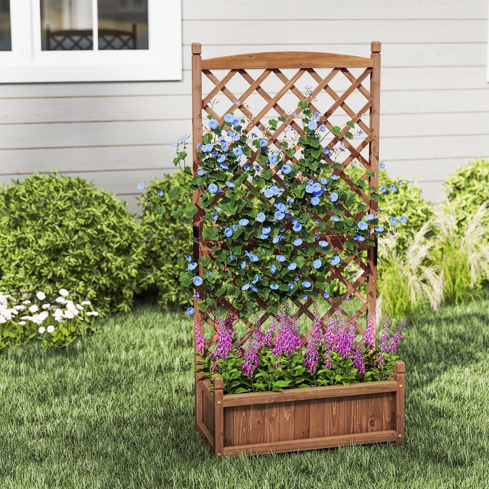 60 Inch Tall Raised Garden Bed with Diamond Lattice Trellis and Drainage Holes - Cheeky Garden