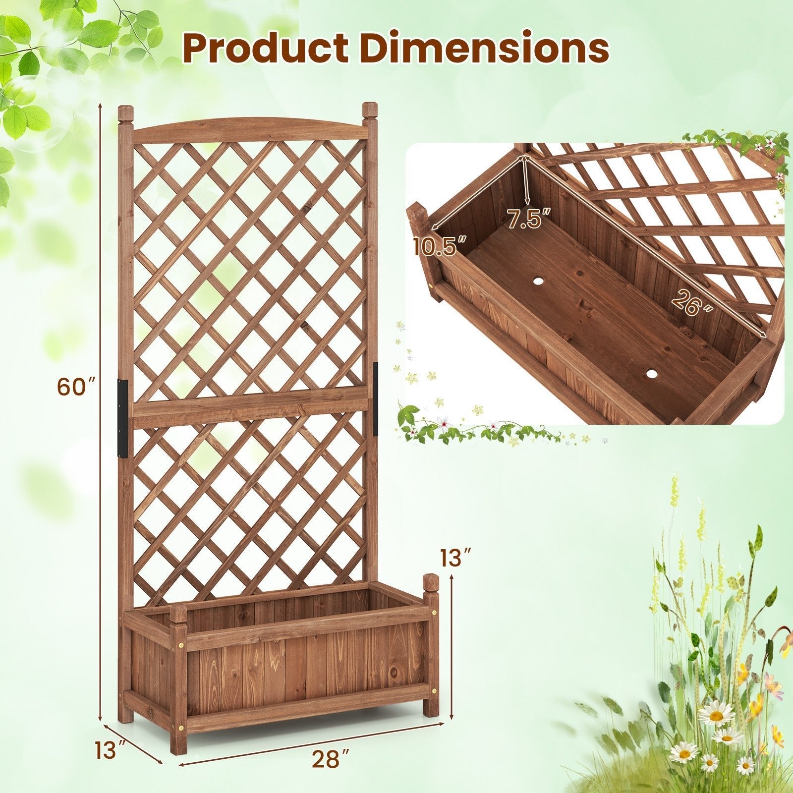 60 Inch Tall Raised Garden Bed with Diamond Lattice Trellis and Drainage Holes - Cheeky Garden
