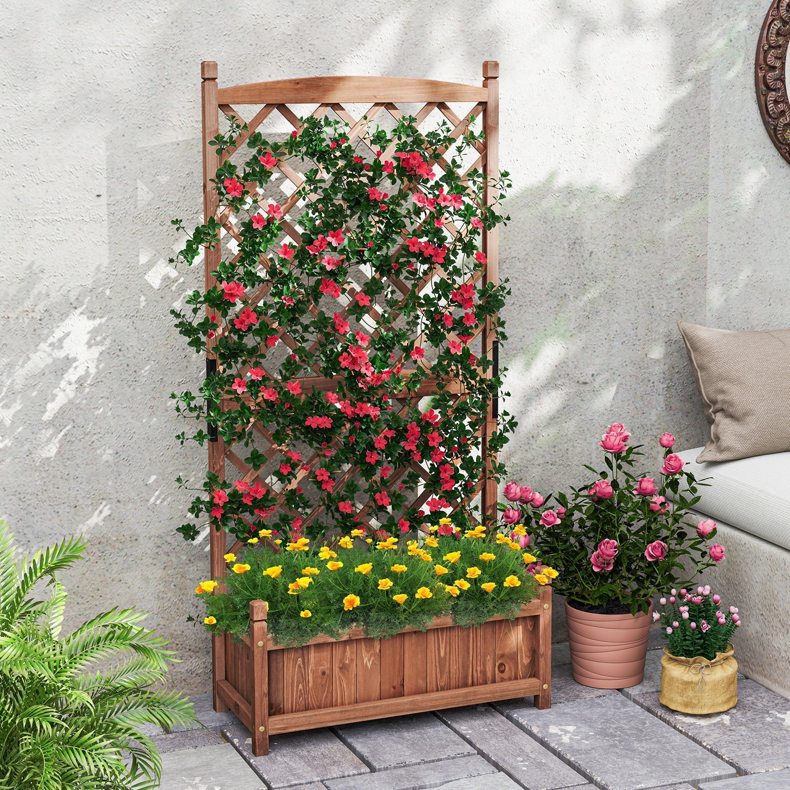 60 Inch Tall Raised Garden Bed with Diamond Lattice Trellis and Drainage Holes - Cheeky Garden