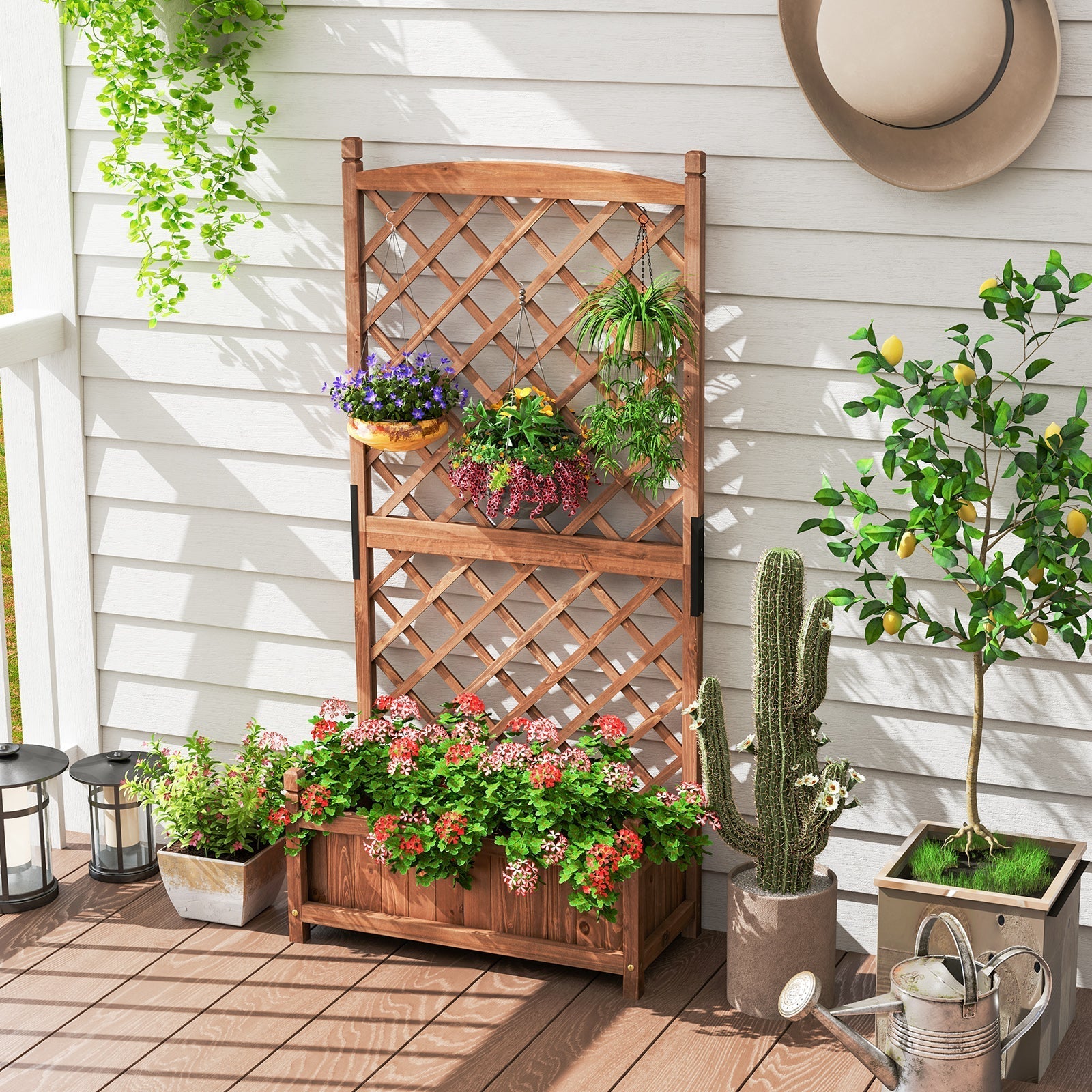 60 Inch Tall Raised Garden Bed with Diamond Lattice Trellis and Drainage Holes - Cheeky Garden
