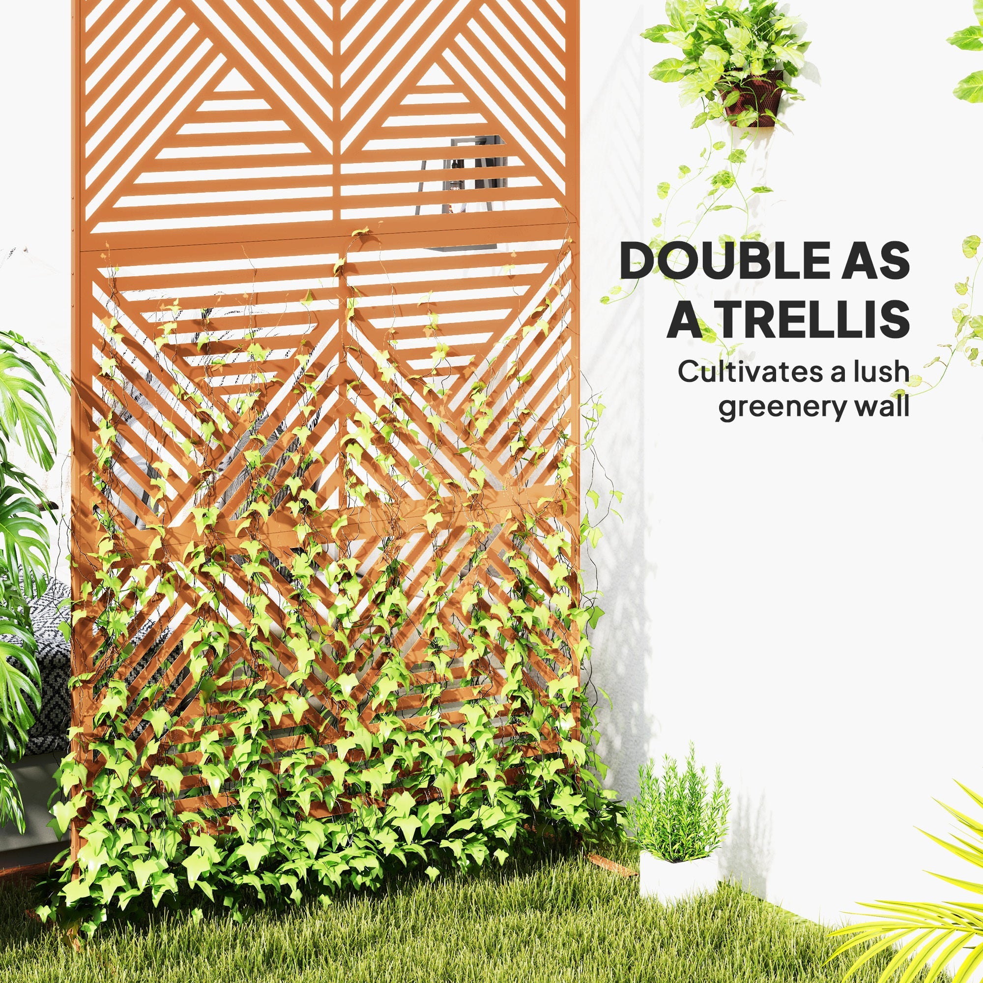 Metal Outdoor Privacy Screen & Plant Trellis with Stand – Rhombus Brown