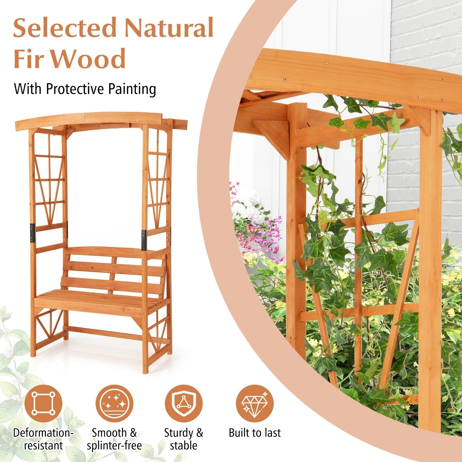 6.2 Feet Tall Patio Garden Arbor with Pergola and 2-Seat Bench for Garden Lawn Backyard Decoration-Yellow - Cheeky Garden