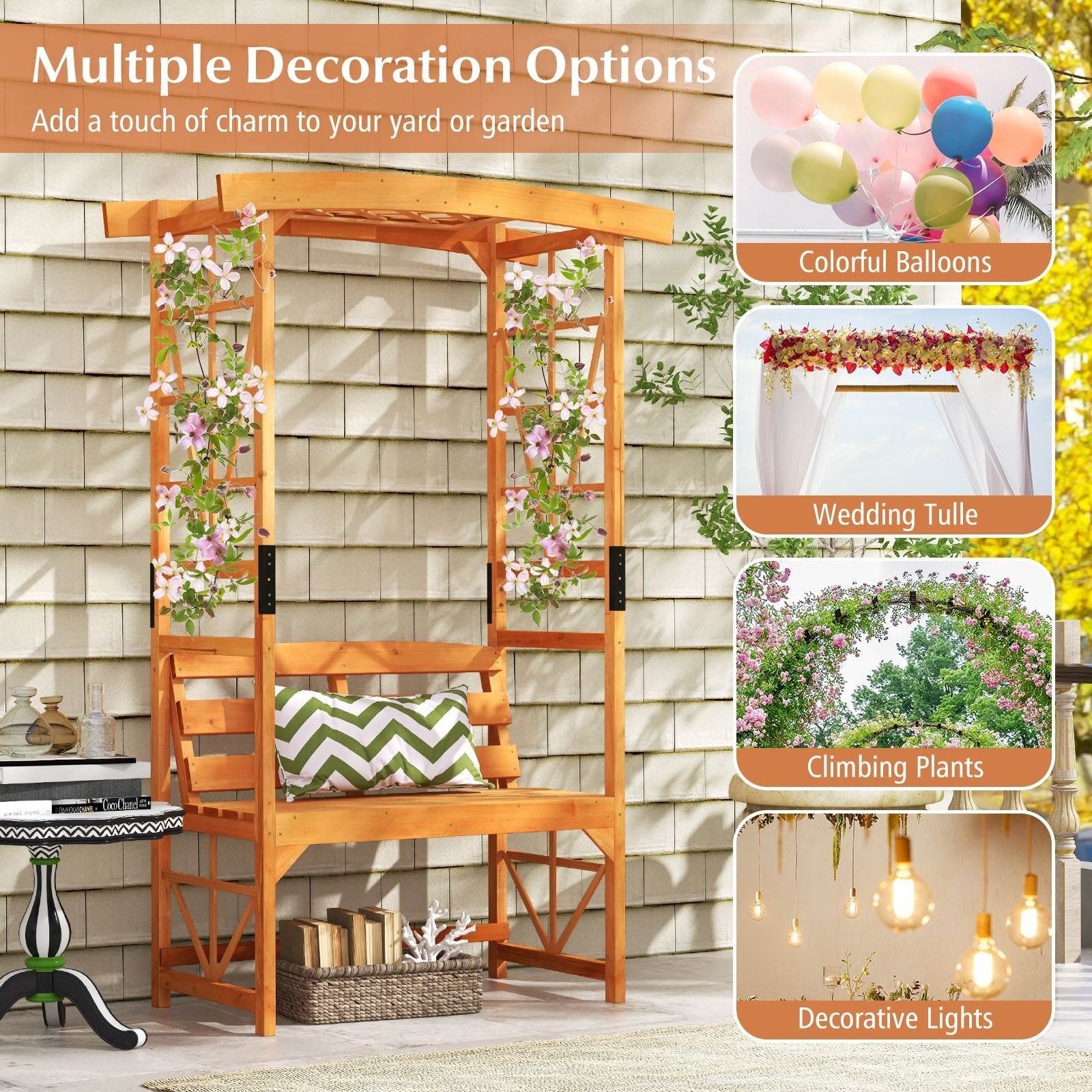 6.2 Feet Tall Patio Garden Arbor with Pergola and 2-Seat Bench for Garden Lawn Backyard Decoration-Yellow - Cheeky Garden