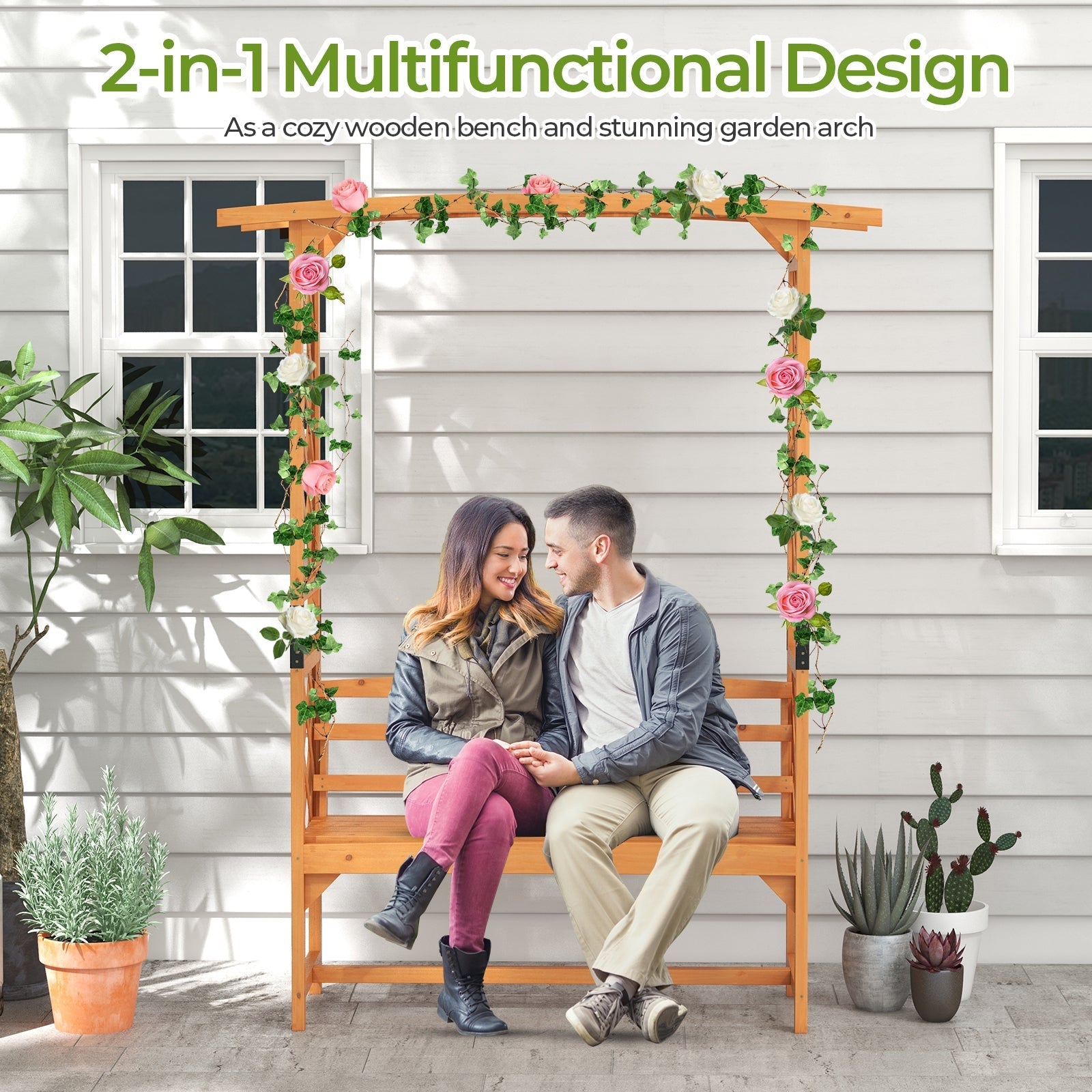 6.5 FT Tall Patio Garden Arbor with Pergola and 2-Seat Bench for Garden Backyard Decoration-Yellow - Cheeky Garden