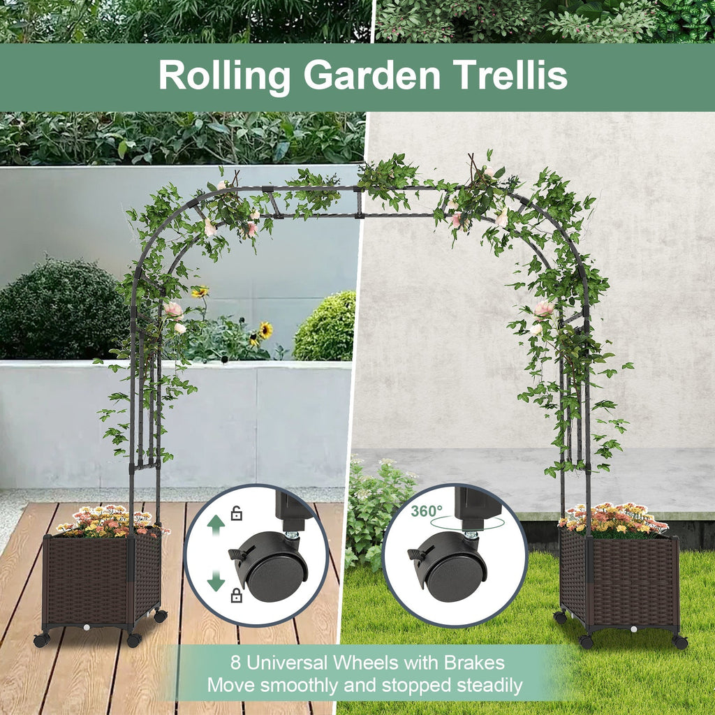 6.6 Feet Garden Arch Trellis with 2 Planter Boxes and Lockable Wheels-Black - Cheeky Garden