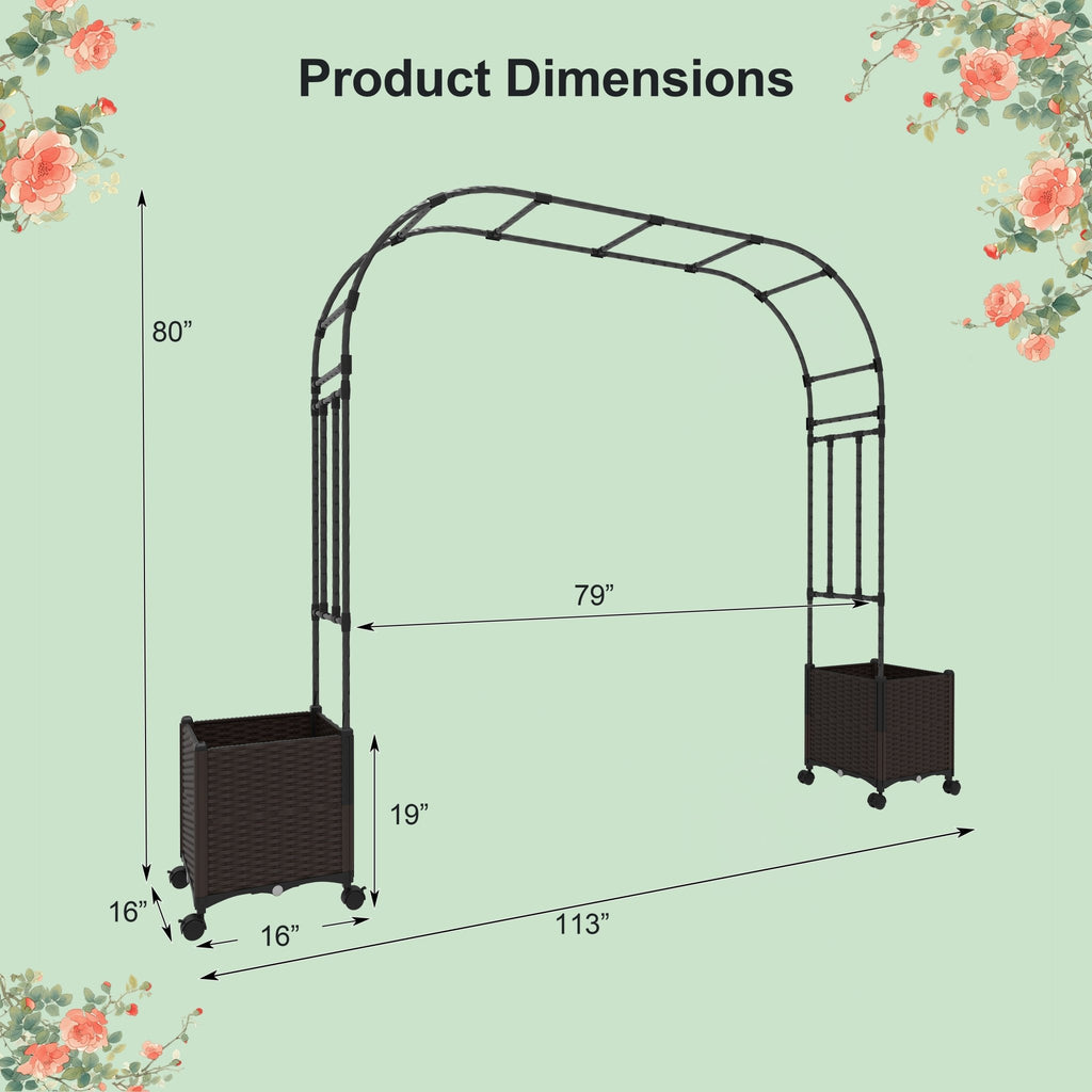 6.6 Feet Garden Arch Trellis with 2 Planter Boxes and Lockable Wheels-Black - Cheeky Garden