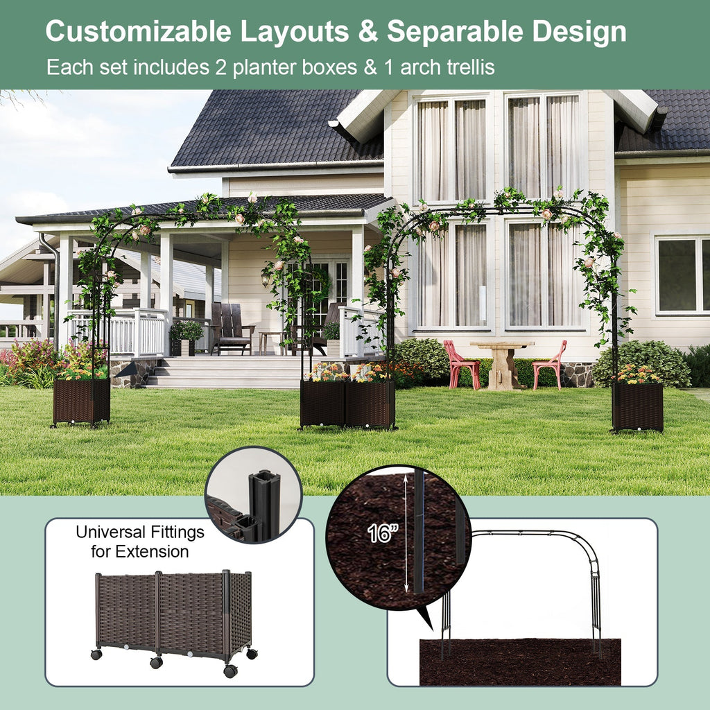 6.6 Feet Garden Arch Trellis with 2 Planter Boxes and Lockable Wheels-Black - Cheeky Garden
