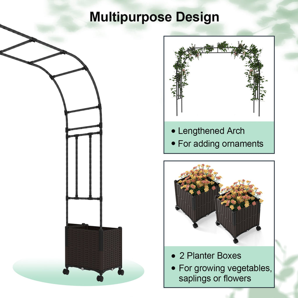 6.6 Feet Garden Arch Trellis with 2 Planter Boxes and Lockable Wheels-Black - Cheeky Garden