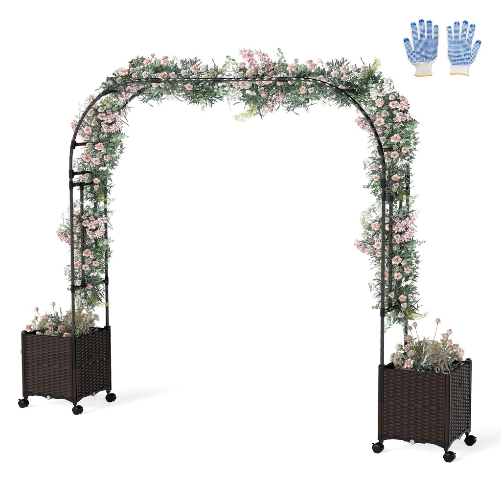 6.6 Feet Garden Arch Trellis with 2 Planter Boxes and Lockable Wheels-Black - Cheeky Garden