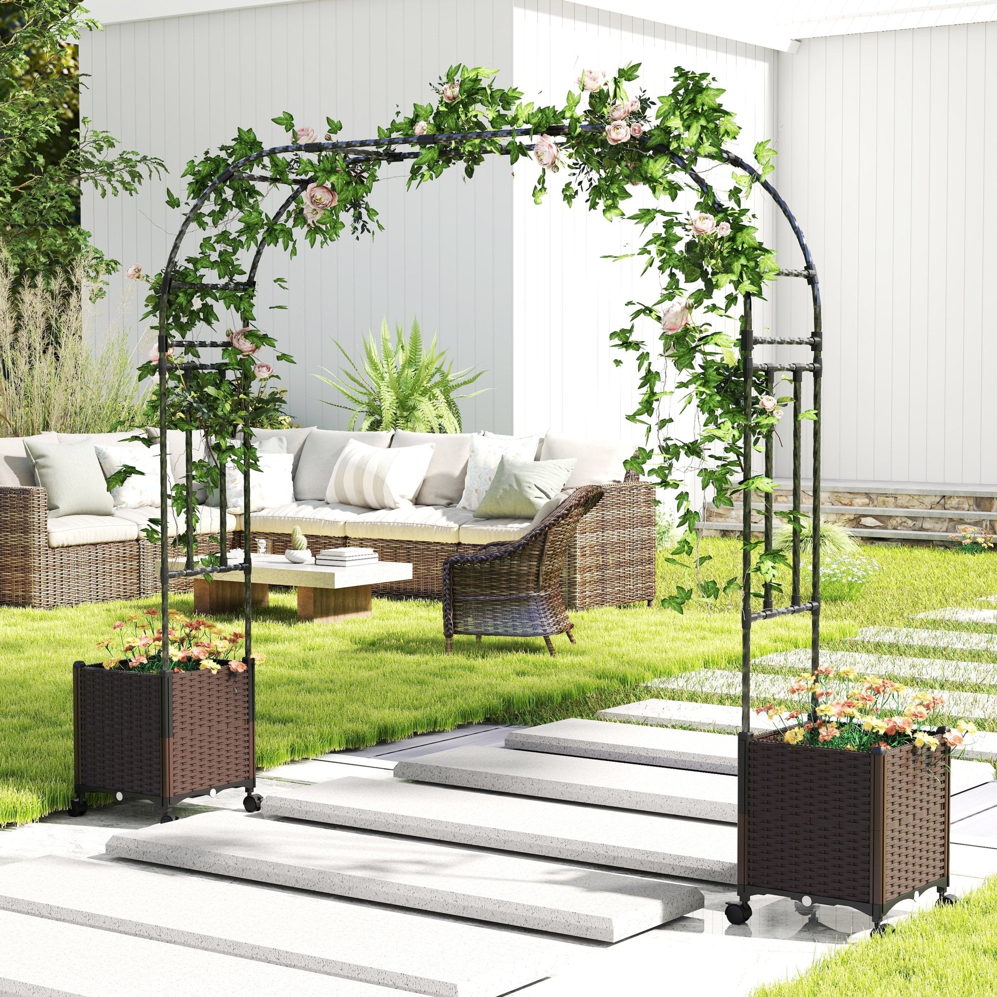 6.6 Feet Garden Arch Trellis with 2 Planter Boxes and Lockable Wheels-Black - Cheeky Garden