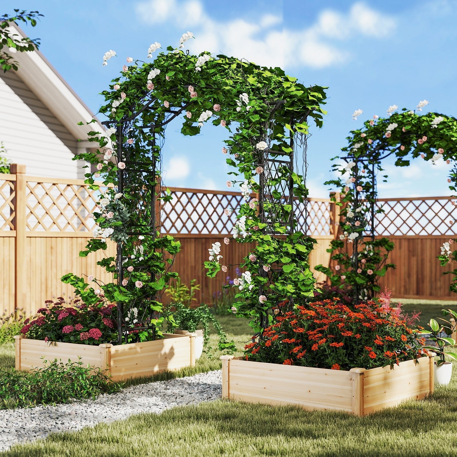 67 x 83 Inch Garden Arch Trellis Metal Pergola Arbor for Climbing Plants-Black - Cheeky Garden