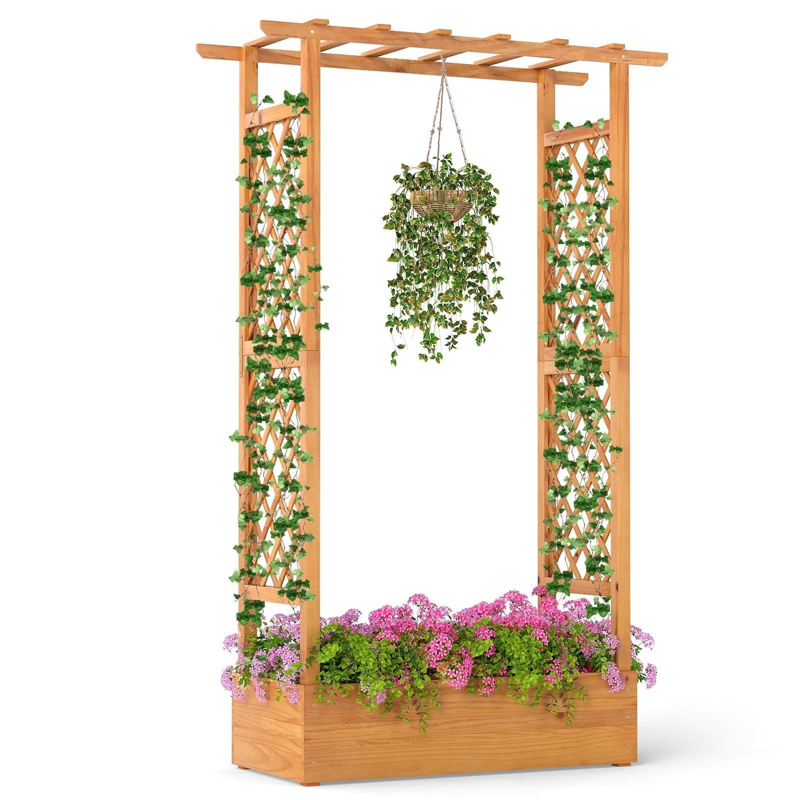 70 Inch Wooden Raised Garden Bed with Lattice Trellis-Natural - Cheeky Garden