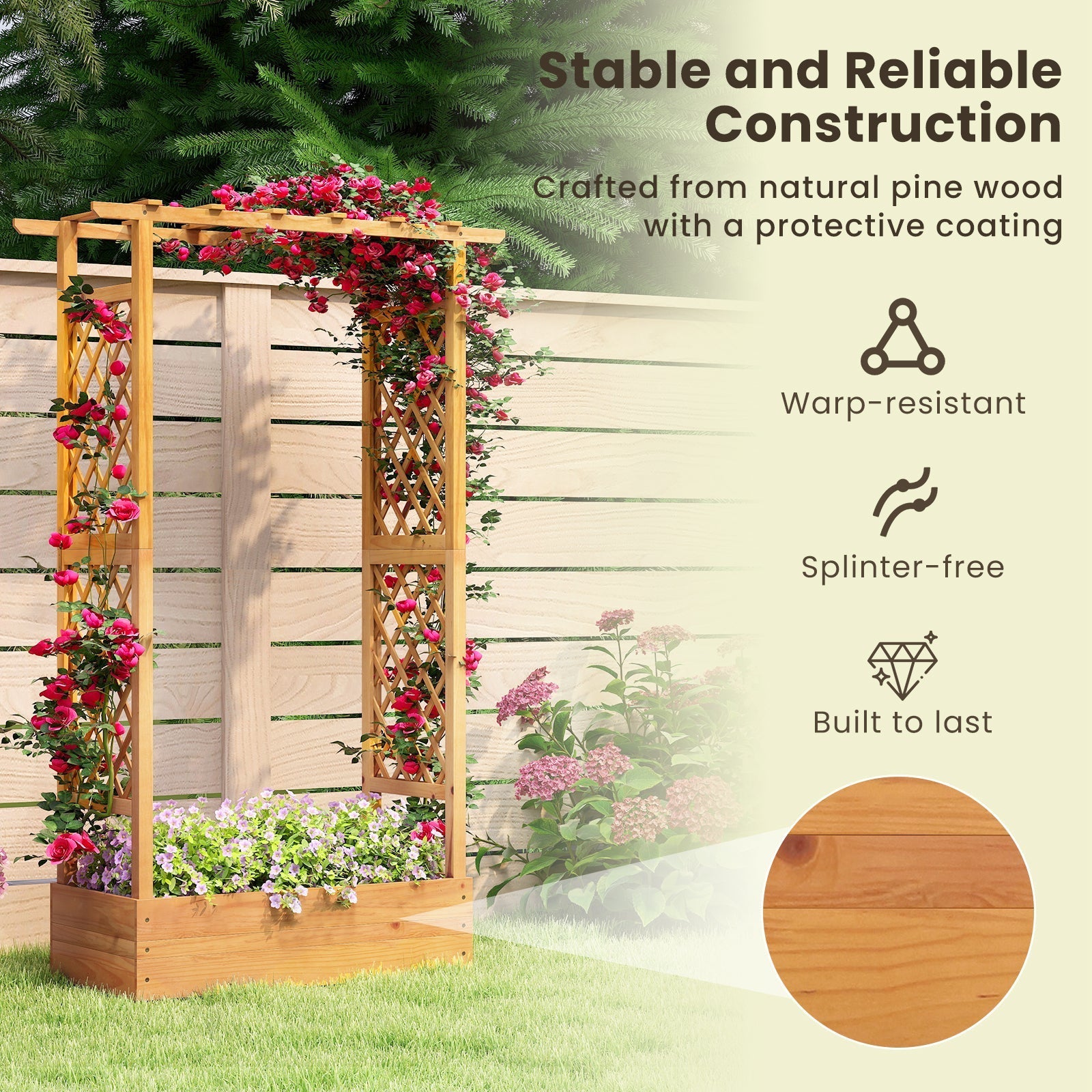 70 Inch Wooden Raised Garden Bed with Lattice Trellis-Natural - Cheeky Garden