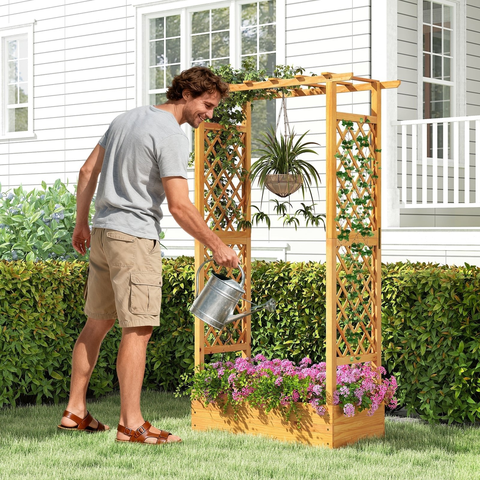 70 Inch Wooden Raised Garden Bed with Lattice Trellis-Natural - Cheeky Garden