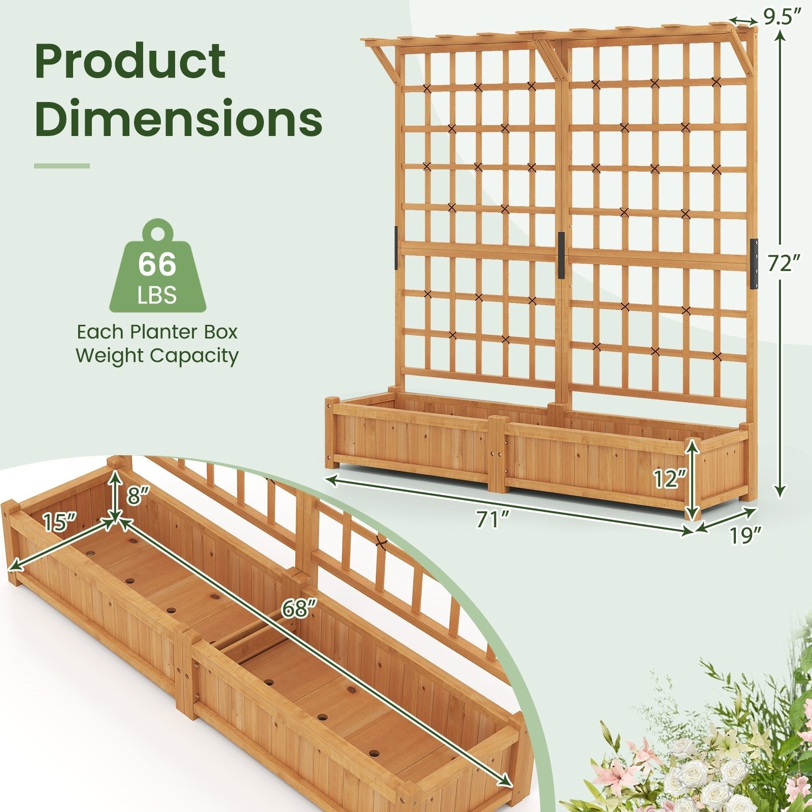 71 Inches Large Wooden Planter Container with Trellis and Hanging Roof-Orange - Cheeky Garden