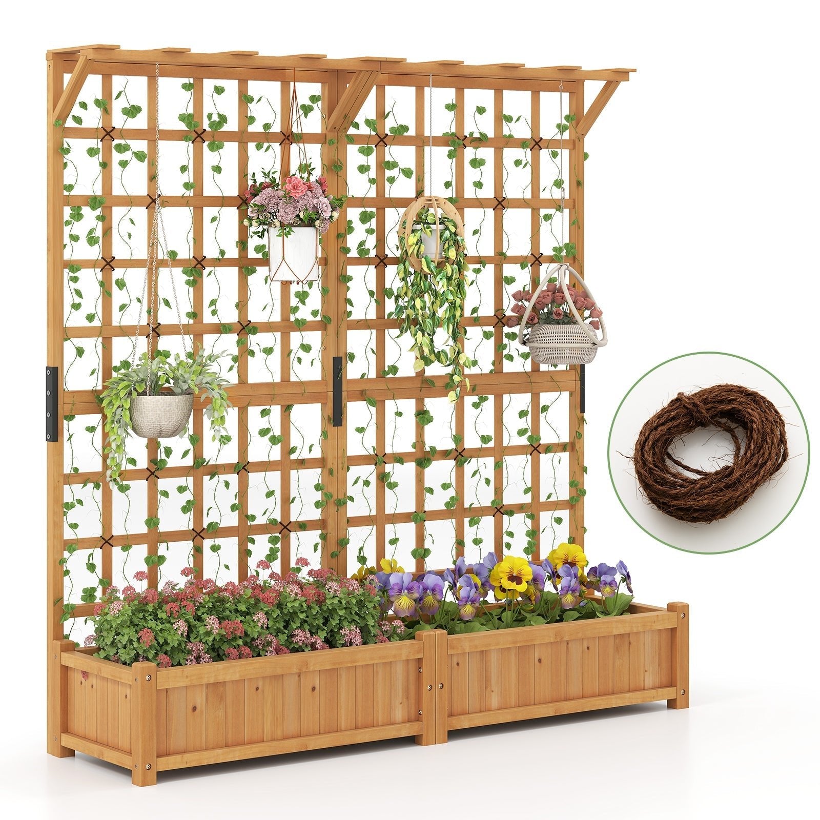 71 Inches Large Wooden Planter Container with Trellis and Hanging Roof-Orange - Cheeky Garden