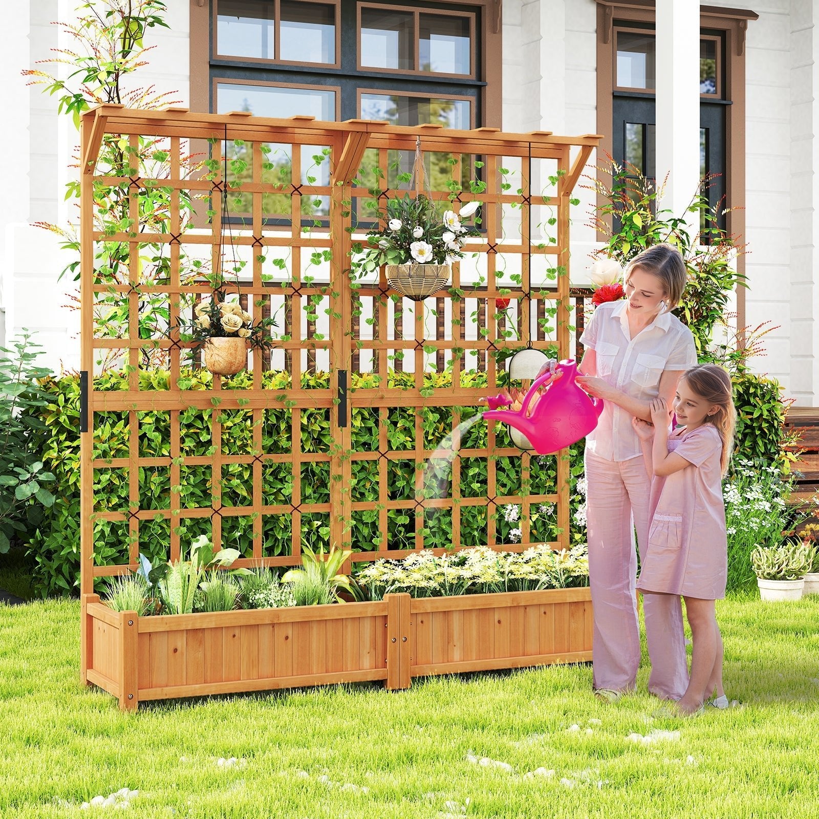 71 Inches Large Wooden Planter Container with Trellis and Hanging Roof-Orange - Cheeky Garden