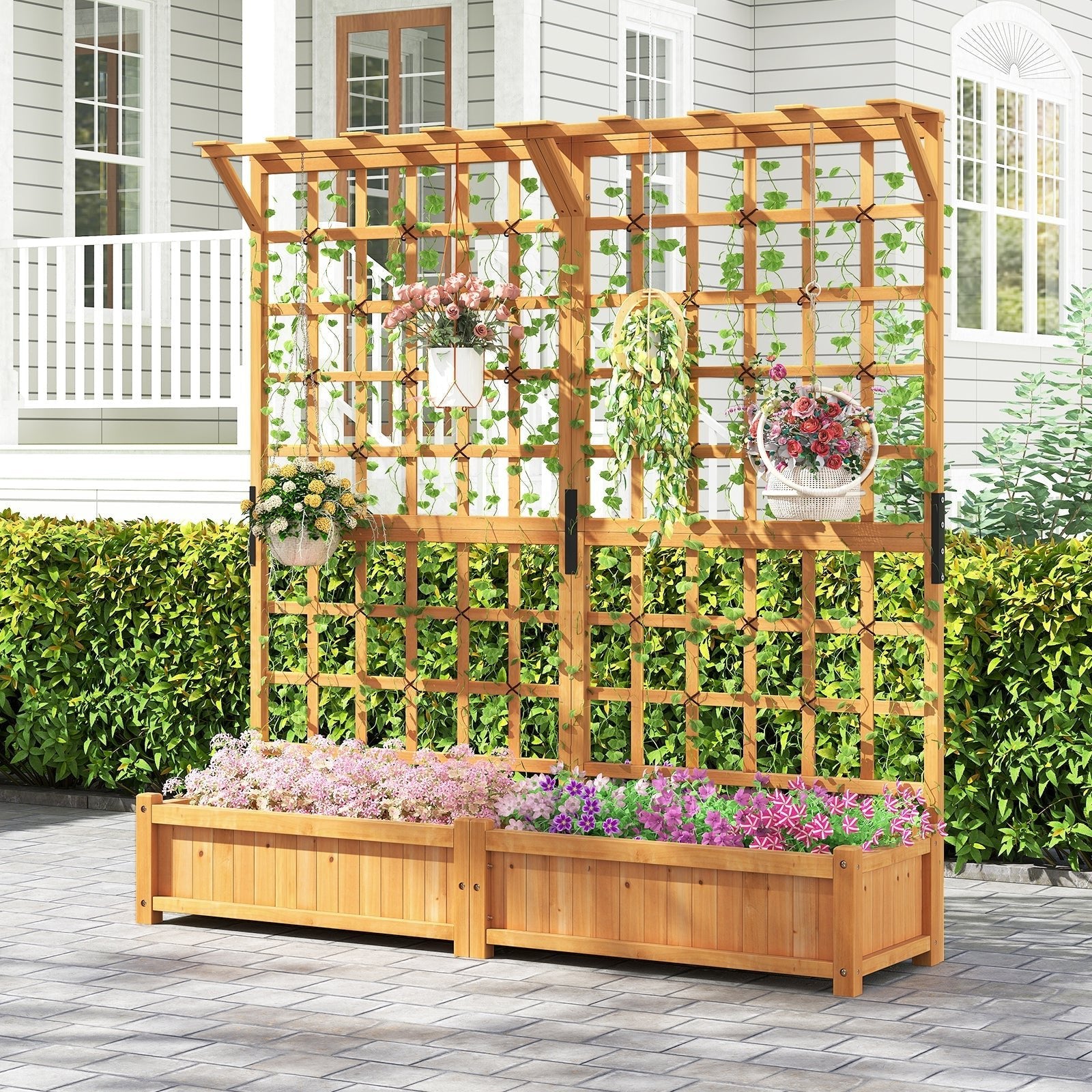 71 Inches Large Wooden Planter Container with Trellis and Hanging Roof-Orange - Cheeky Garden