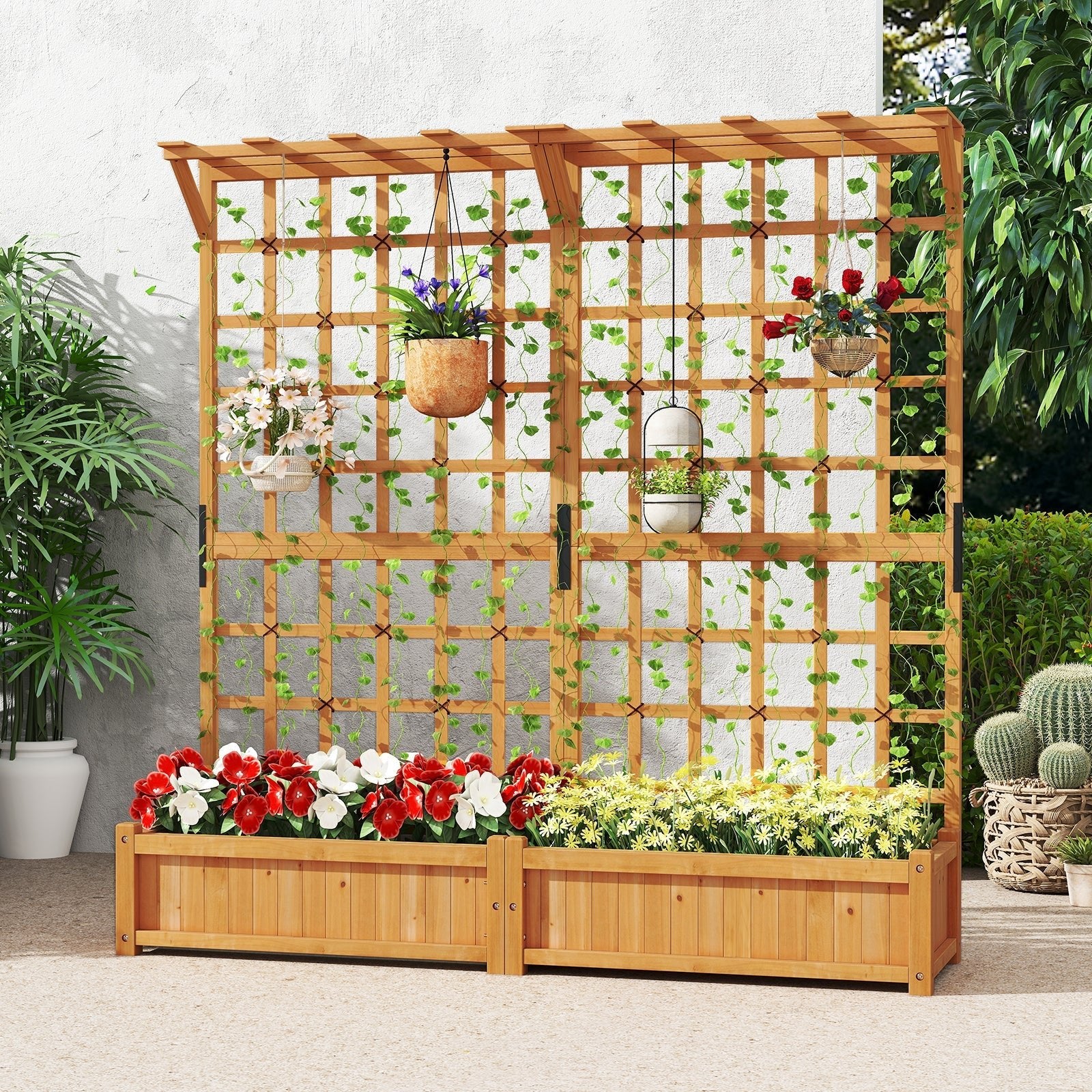 71 Inches Large Wooden Planter Container with Trellis and Hanging Roof-Orange - Cheeky Garden