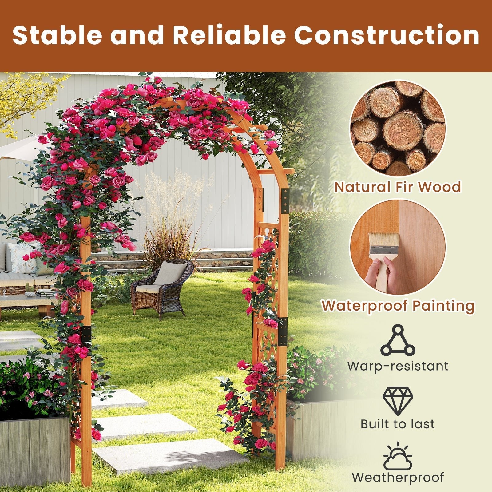7.7 Feet Garden Arch Wooden Arbor for Climbing Plants - Cheeky Garden