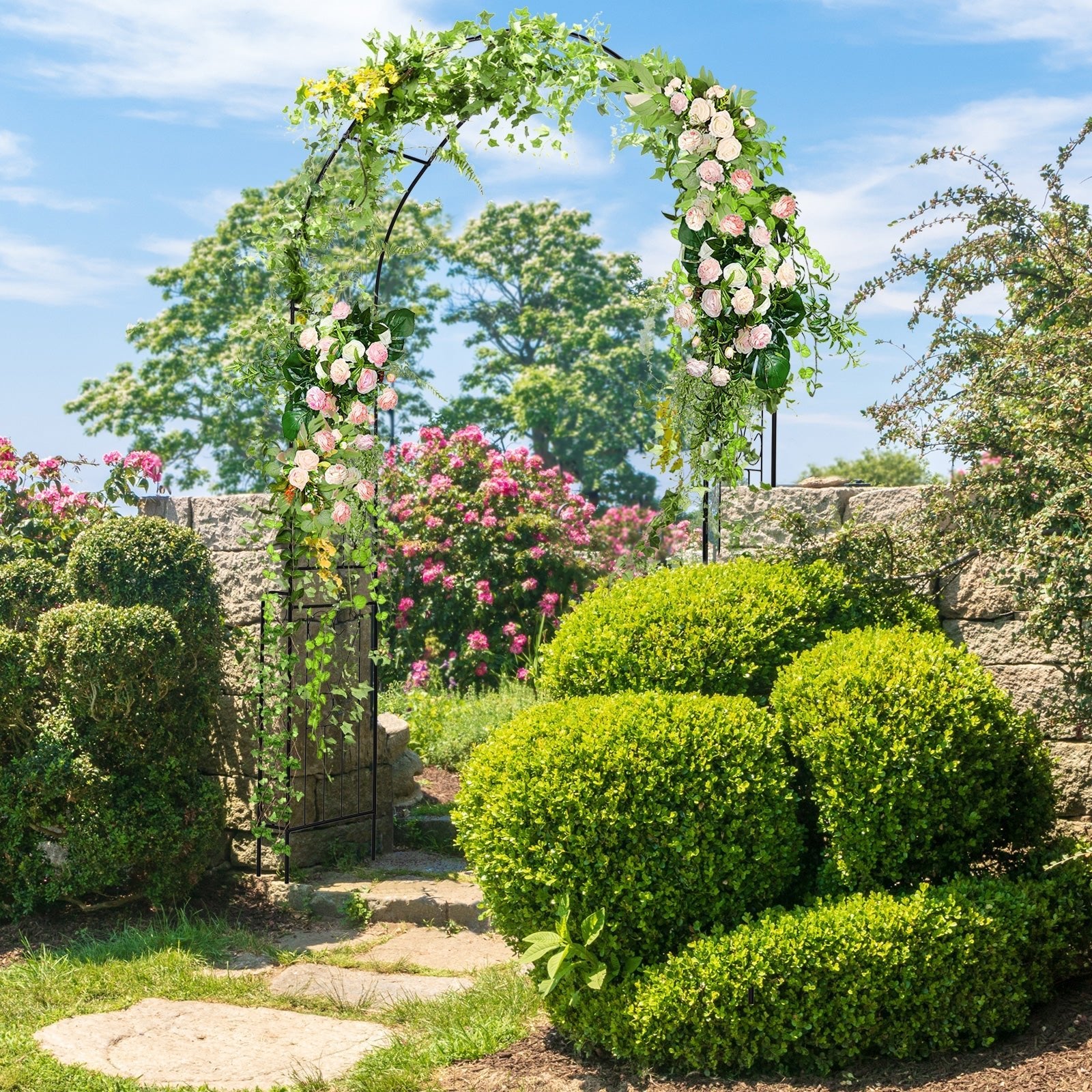 7.9 Feet Metal Garden Arch Backdrop Stand with Fence for Climbing Plants-Black - Cheeky Garden