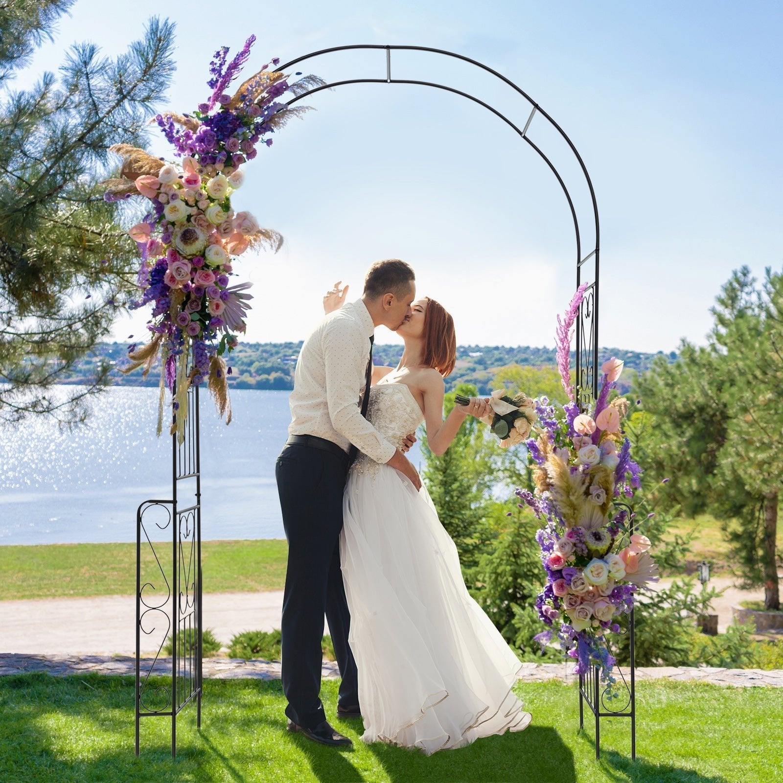7.9 Feet Metal Garden Arch Backdrop Stand with Fence for Climbing Plants-Black - Cheeky Garden