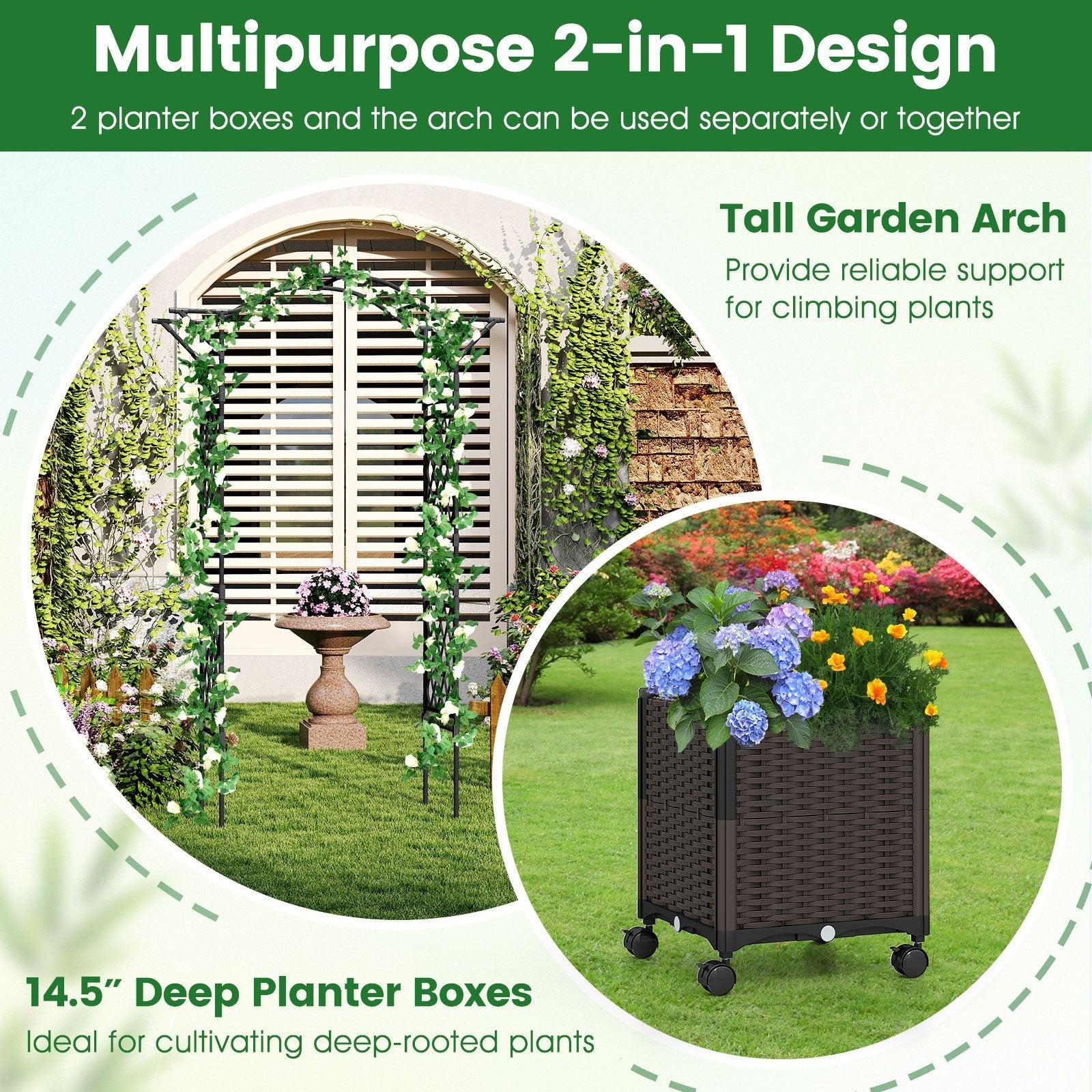82 x 99 Inch Garden Arch Trellis with 2 Self-Watering Planter Boxes Wheels-Black - Cheeky Garden