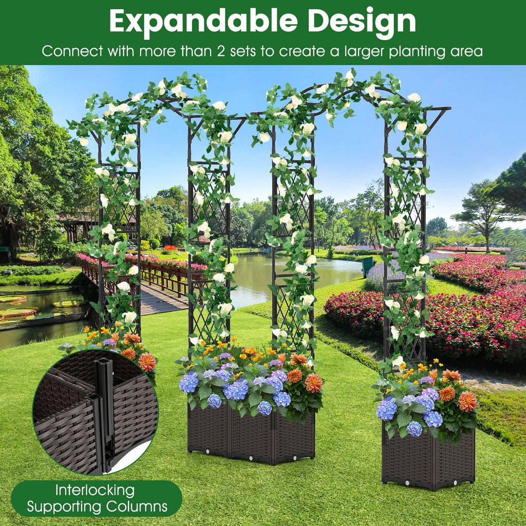 82 x 99 Inch Garden Arch Trellis with 2 Self-Watering Planter Boxes Wheels-Black - Cheeky Garden