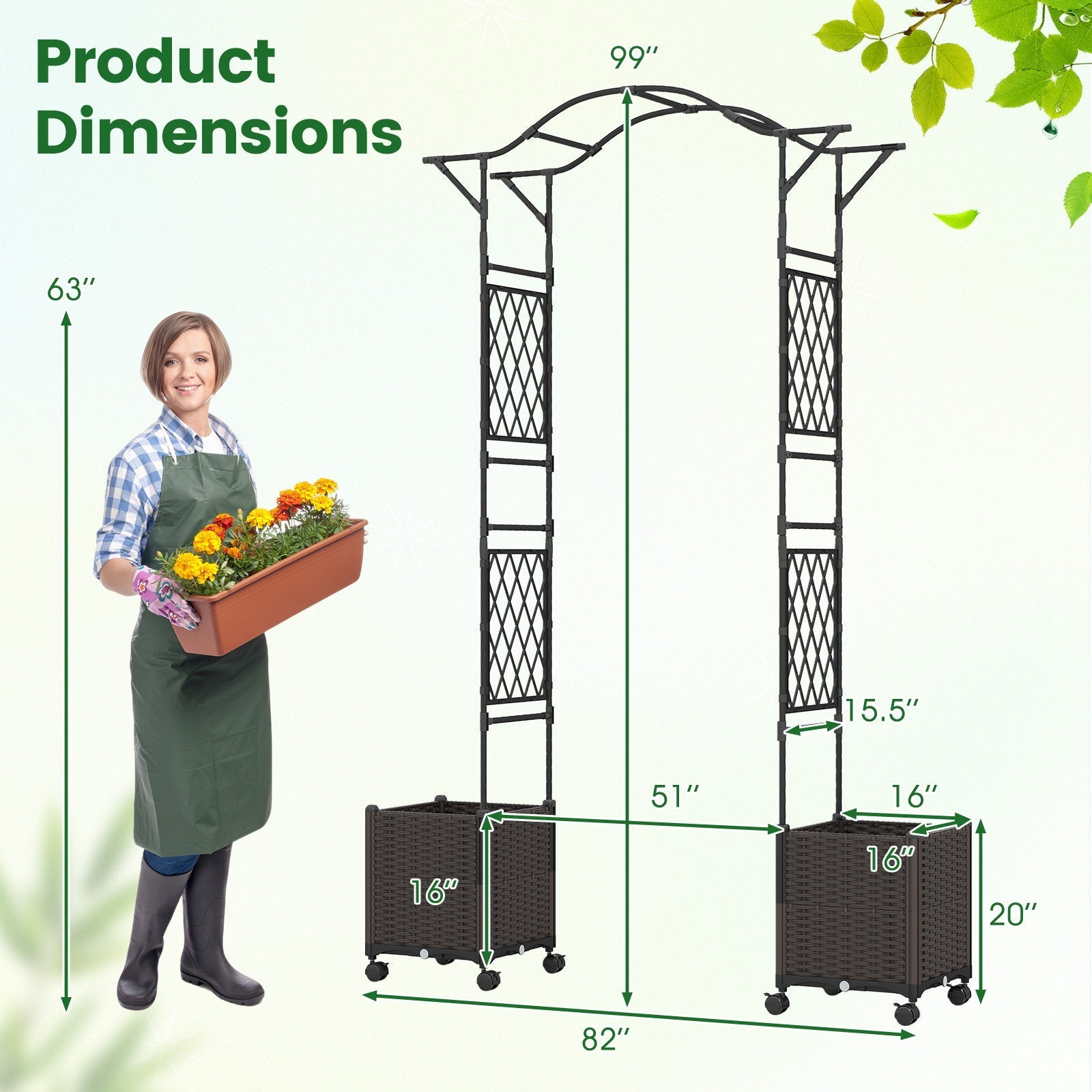 82 x 99 Inch Garden Arch Trellis with 2 Self-Watering Planter Boxes Wheels-Black - Cheeky Garden