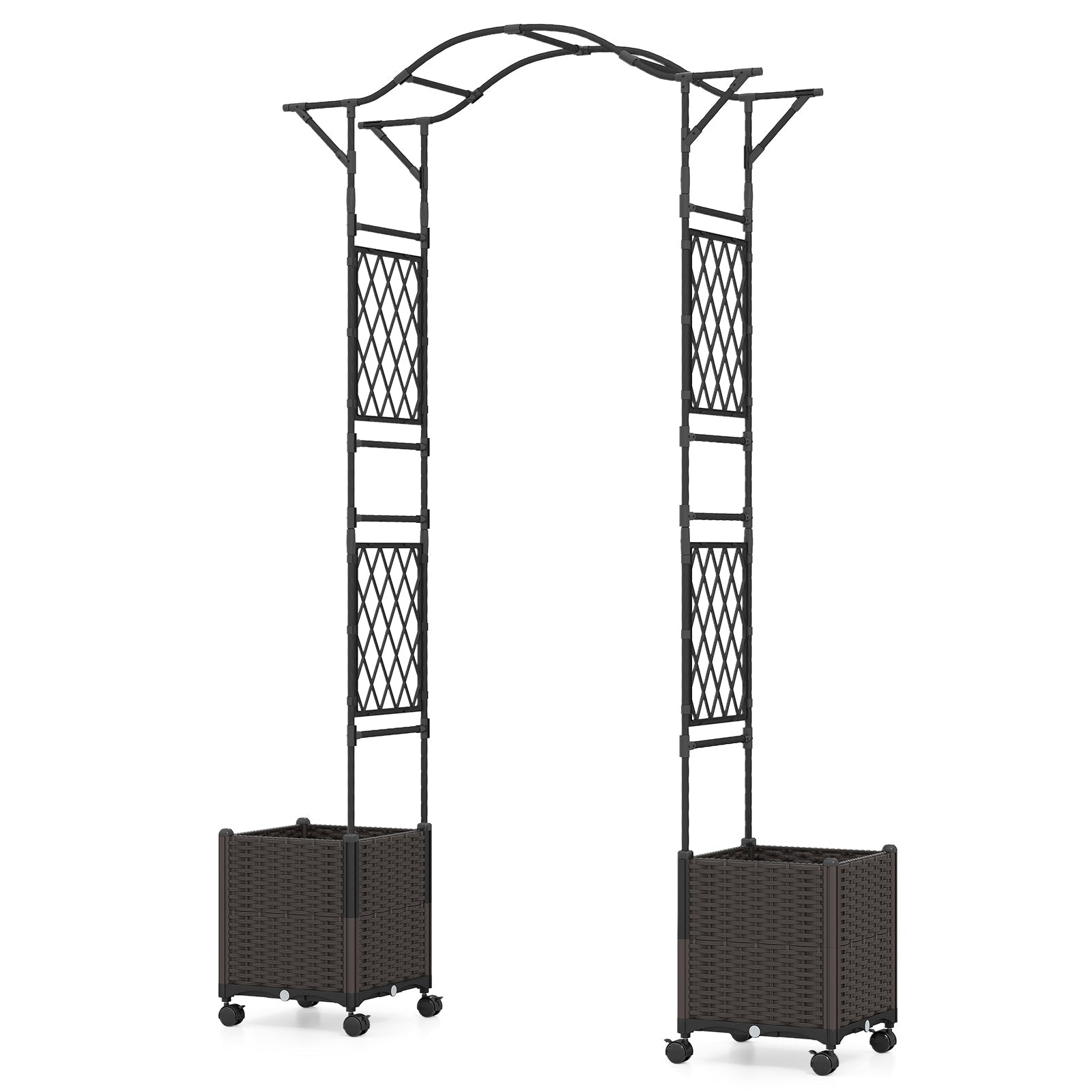 82 x 99 Inch Garden Arch Trellis with 2 Self-Watering Planter Boxes Wheels-Black - Cheeky Garden