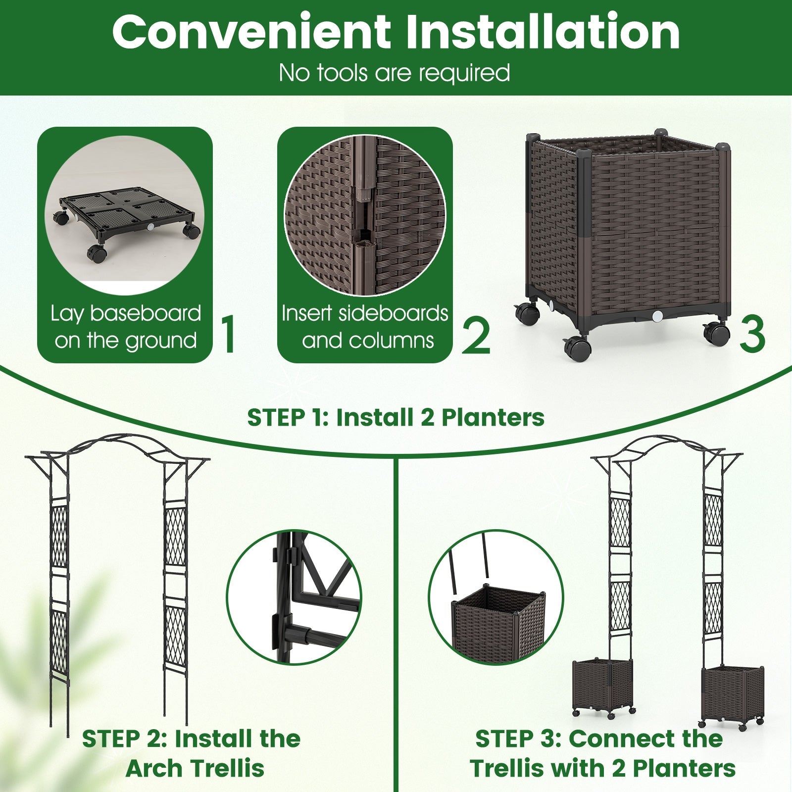 82 x 99 Inch Garden Arch Trellis with 2 Self-Watering Planter Boxes Wheels-Black - Cheeky Garden