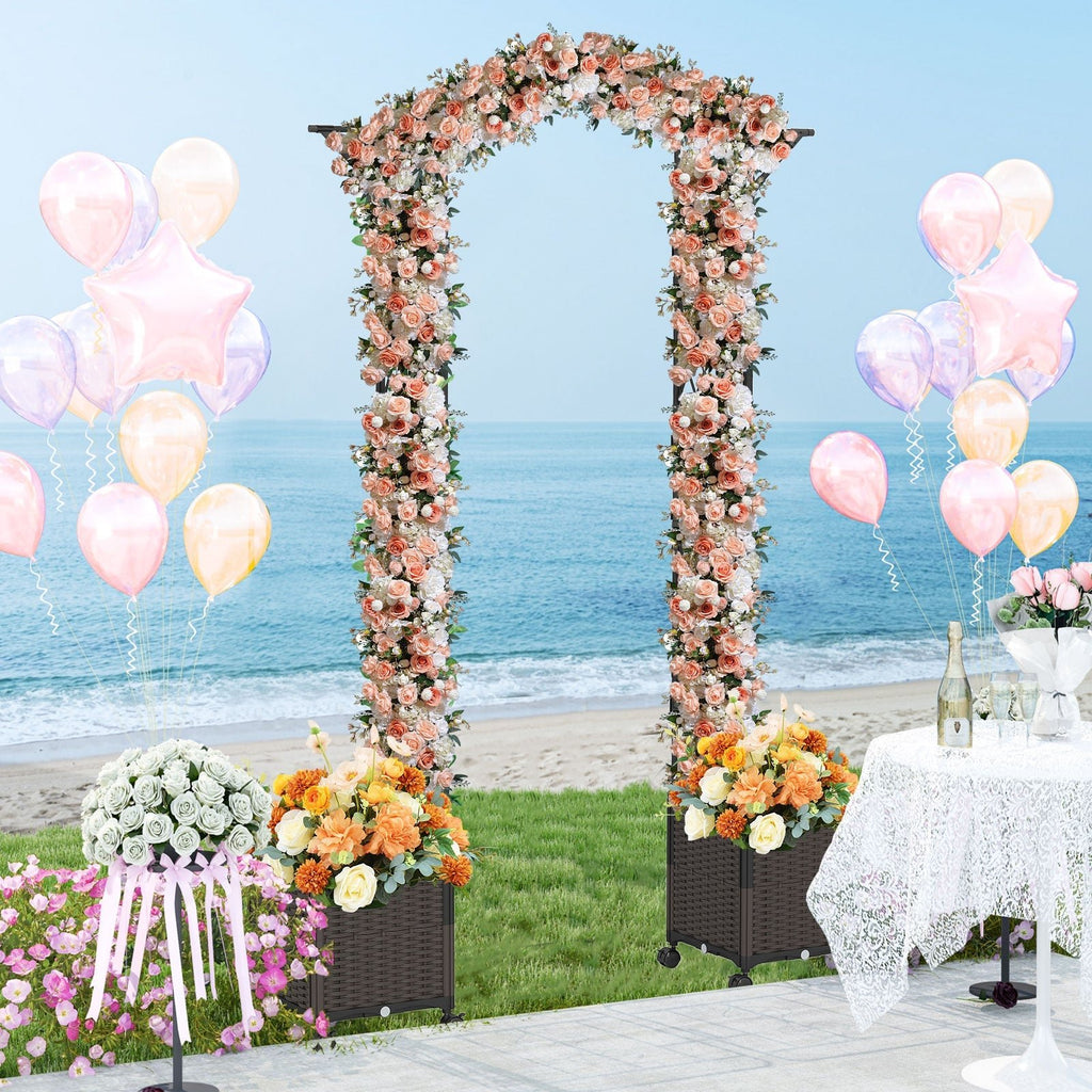 82 x 99 Inch Garden Arch Trellis with 2 Self-Watering Planter Boxes Wheels-Black - Cheeky Garden